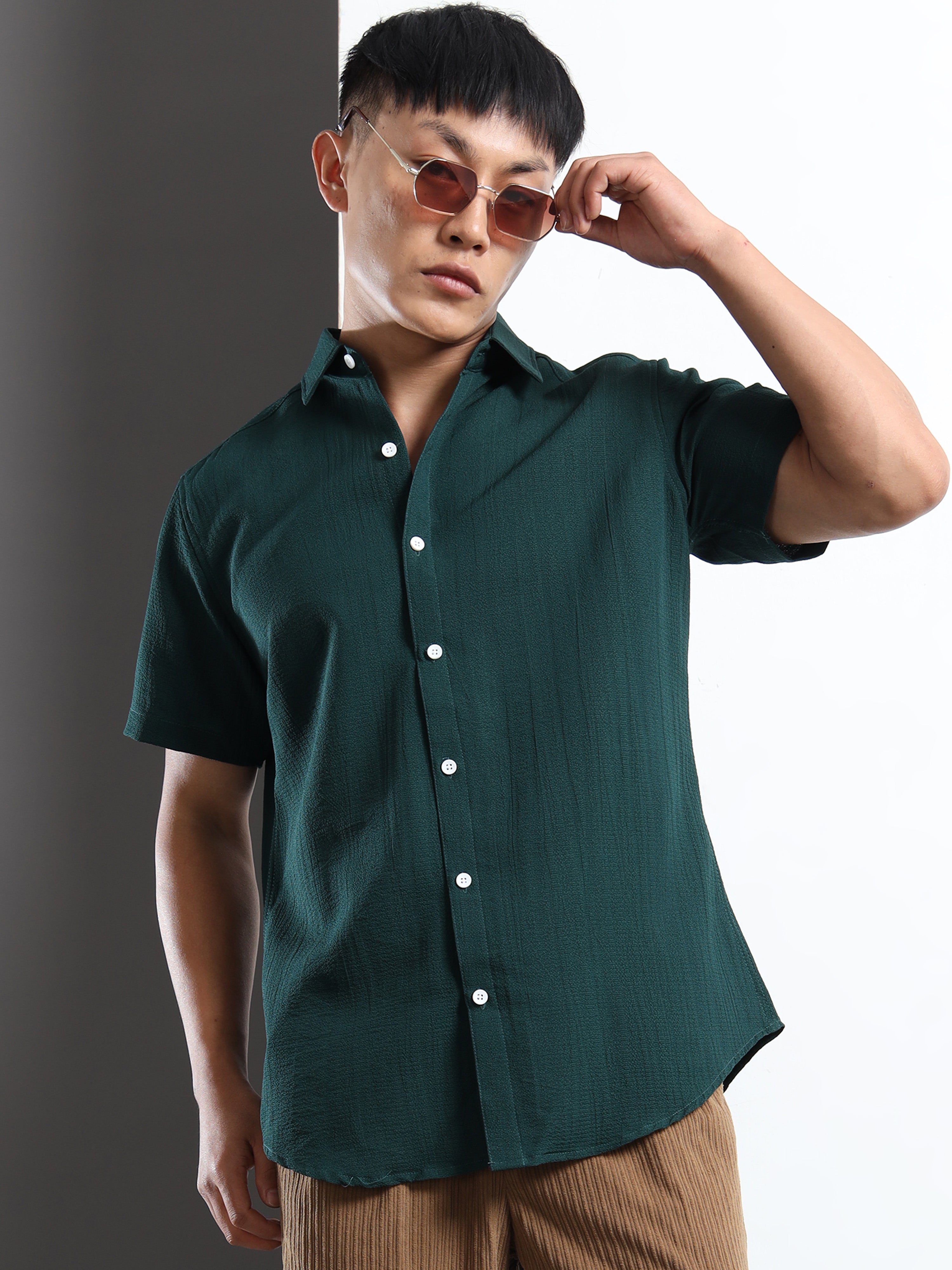 Men's Green Crinkled Textured Short Sleeve Casual Shirt
