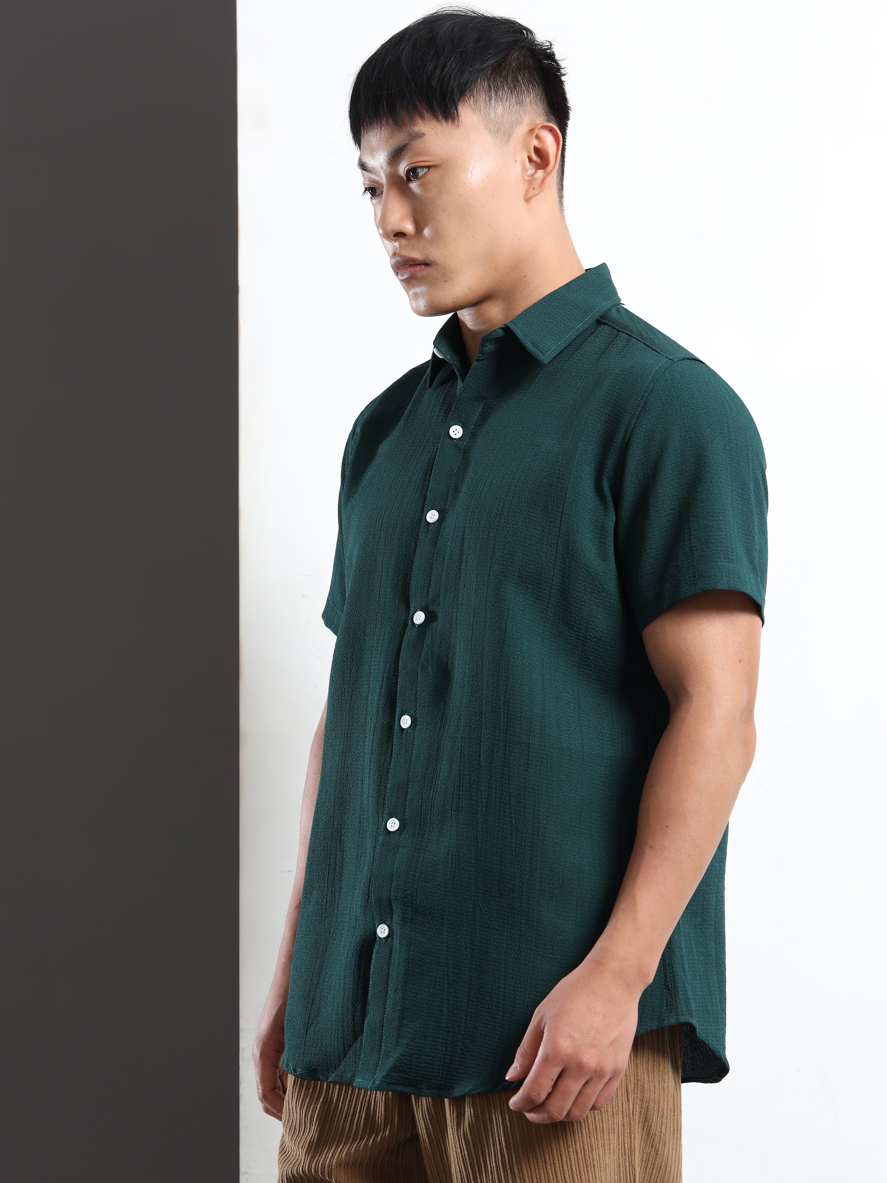 Men's Green Crinkled Textured Short Sleeve Casual Shirt