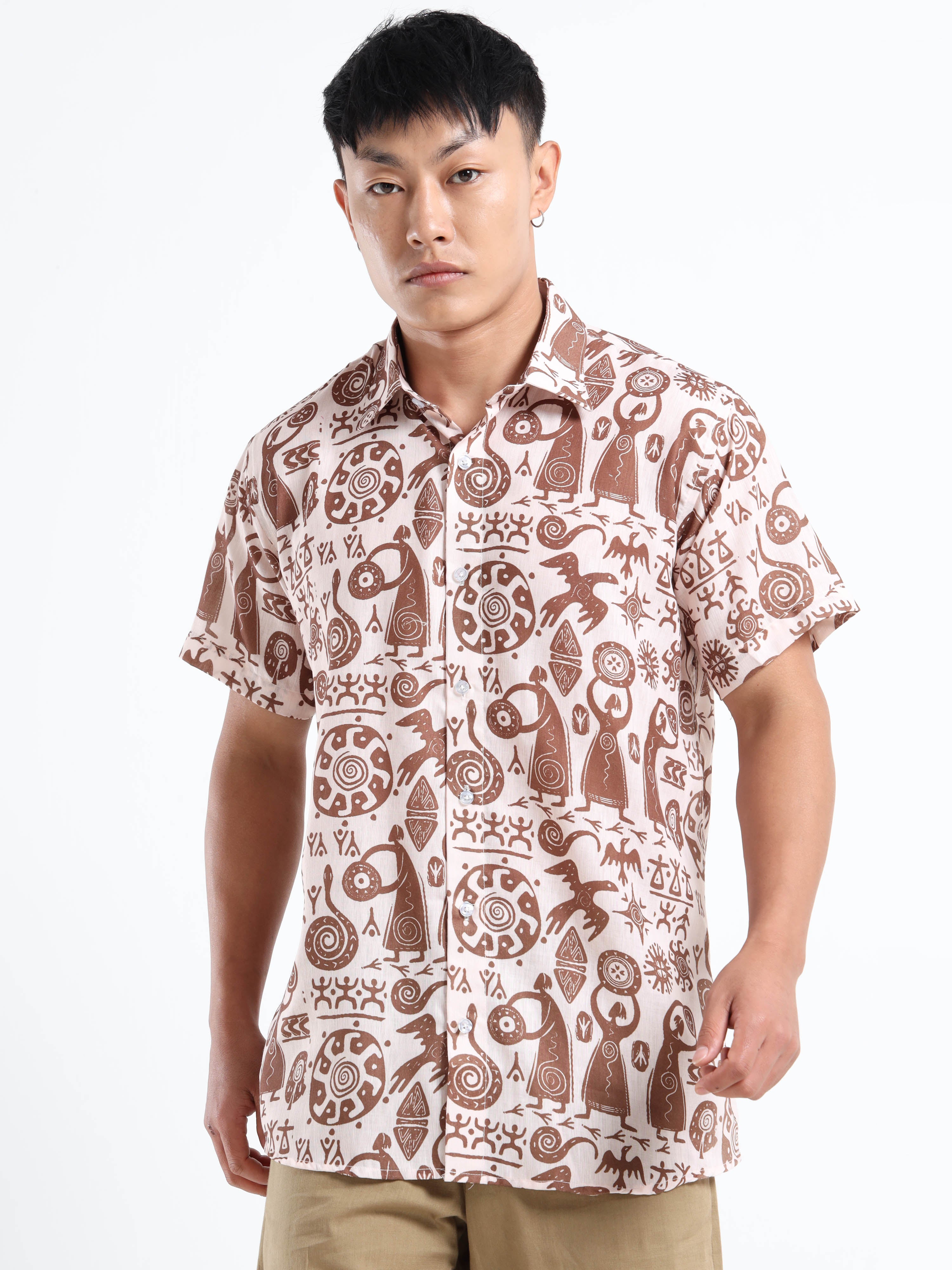 Men's Slim Fit Beige Brown Tribal Art Printed Casual Shirt