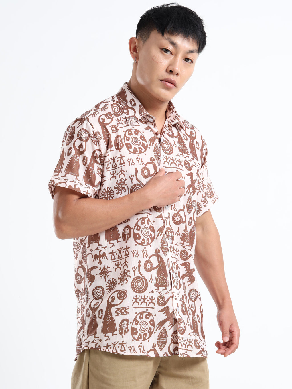 Men's Slim Fit Beige Brown Tribal Art Printed Casual Shirt