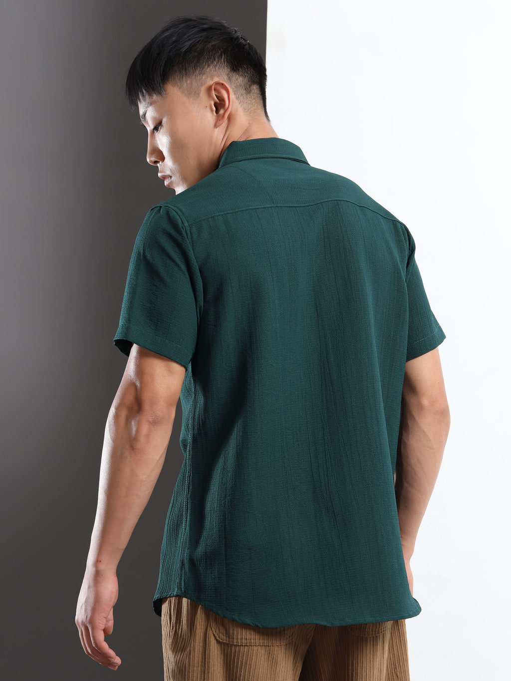 Men's Green Crinkled Textured Short Sleeve Casual Shirt