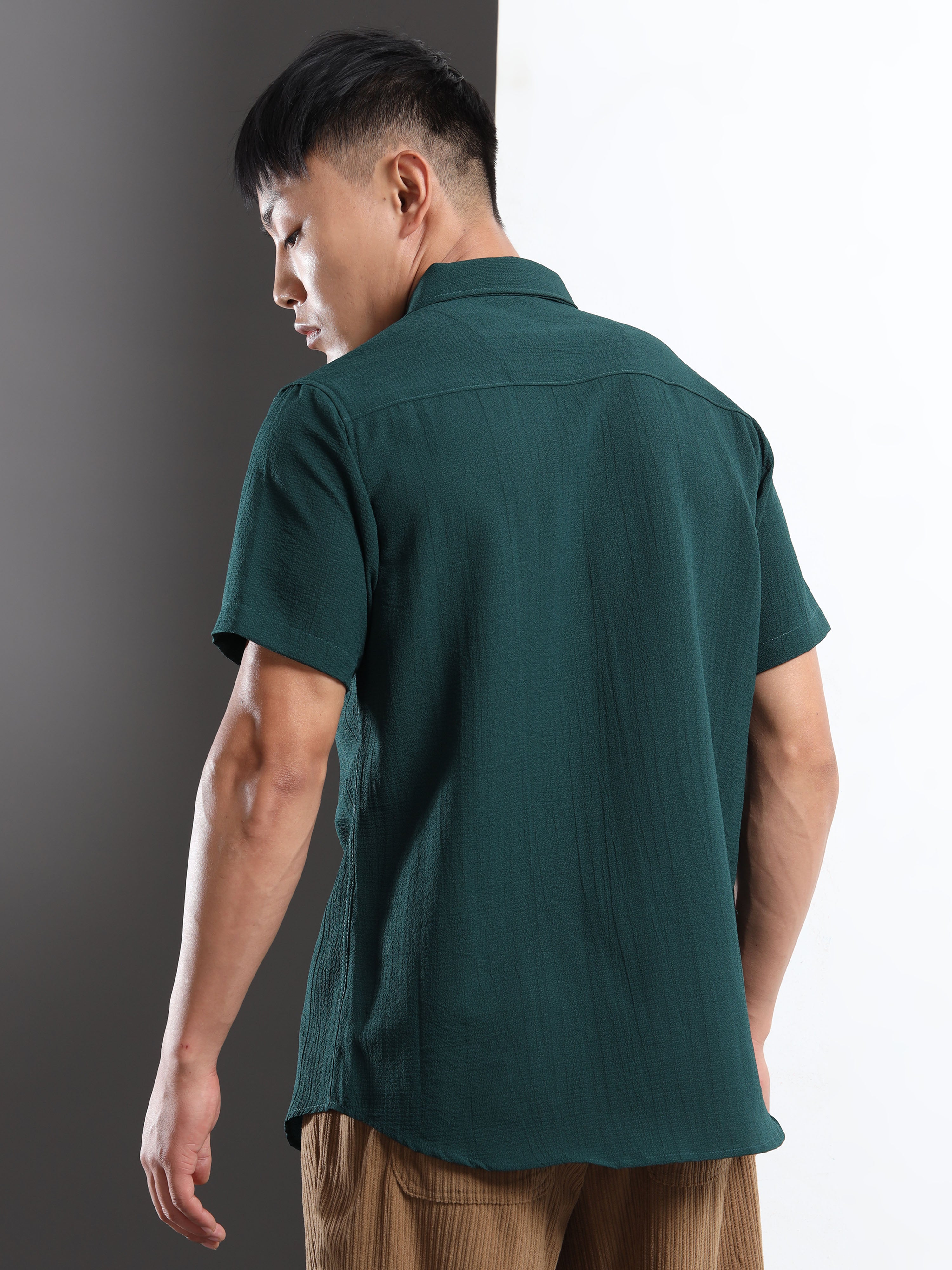 Men's Green Crinkled Textured Short Sleeve Casual Shirt