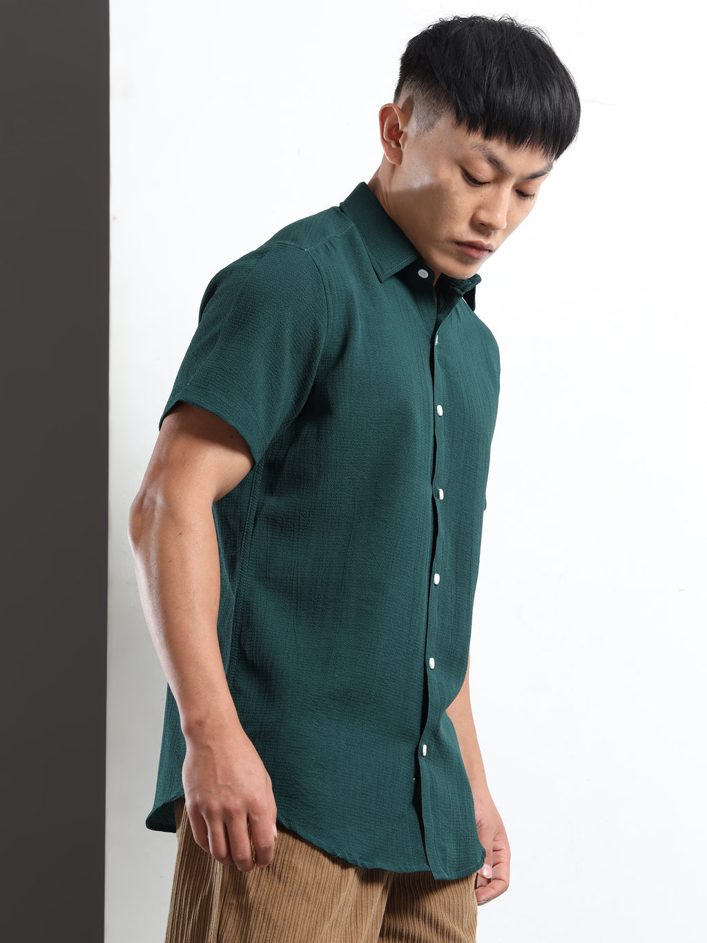 Men's Green Crinkled Textured Short Sleeve Casual Shirt