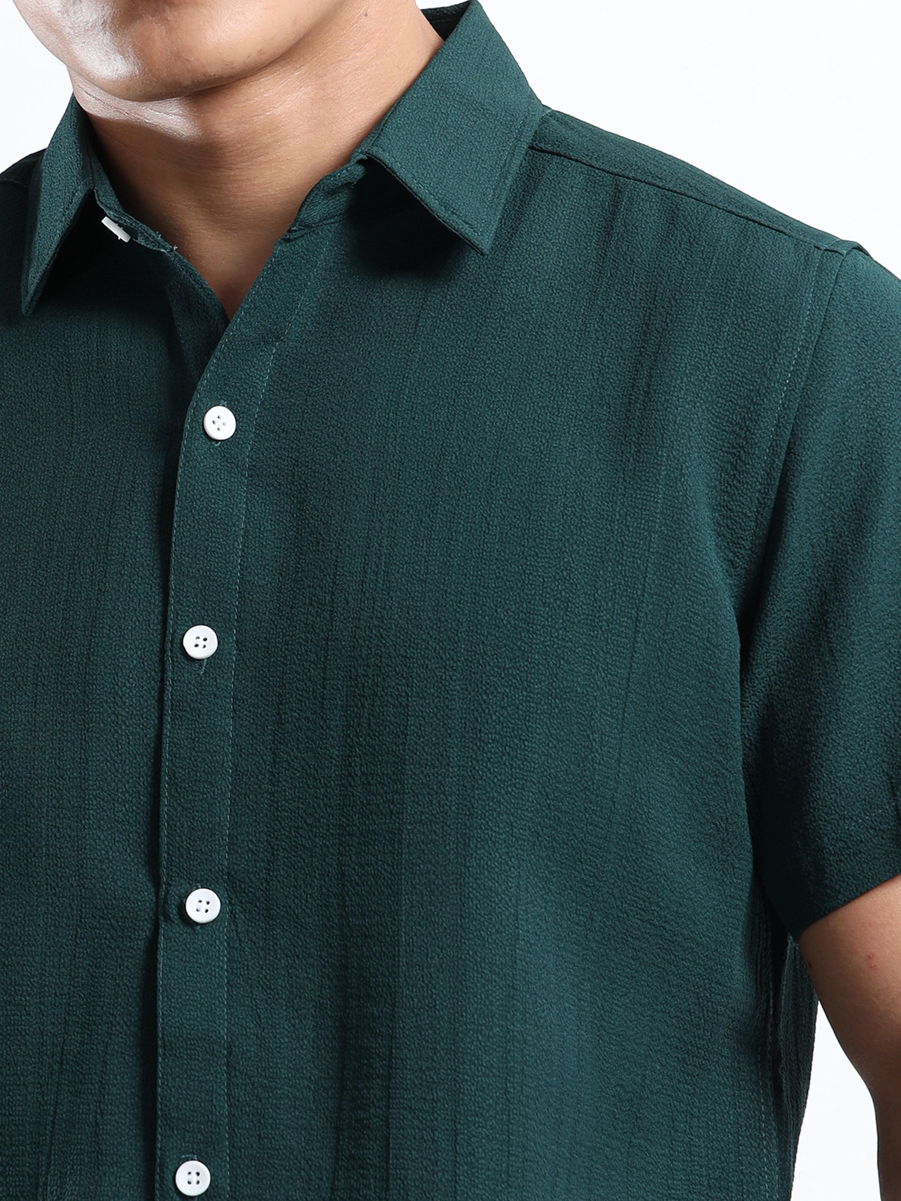 Men's Green Crinkled Textured Short Sleeve Casual Shirt