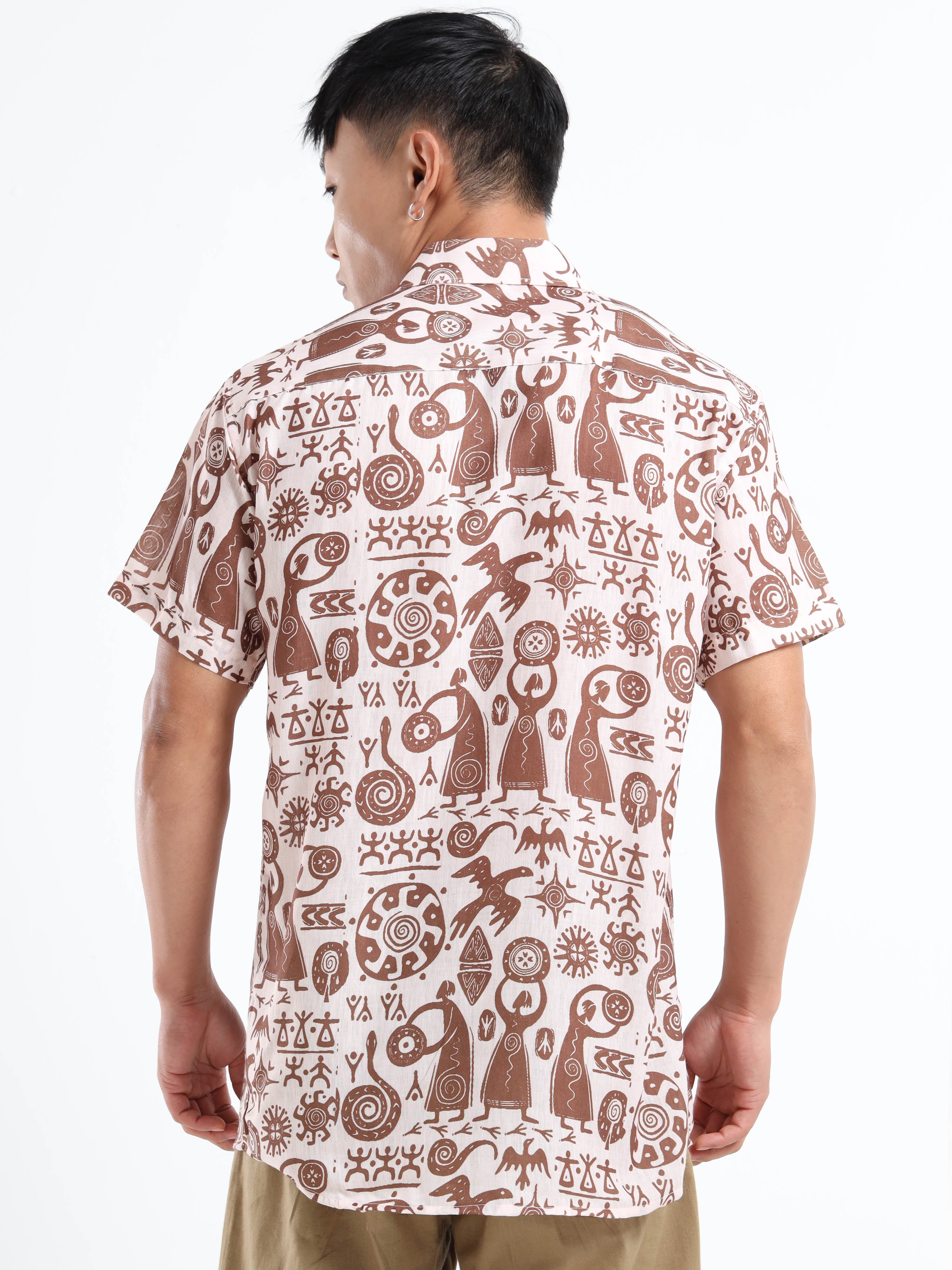 Men's Slim Fit Beige Brown Tribal Art Printed Casual Shirt