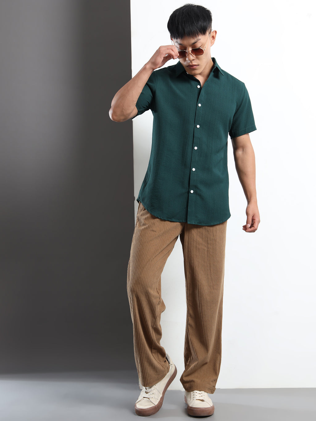 Men's Green Crinkled Textured Short Sleeve Casual Shirt