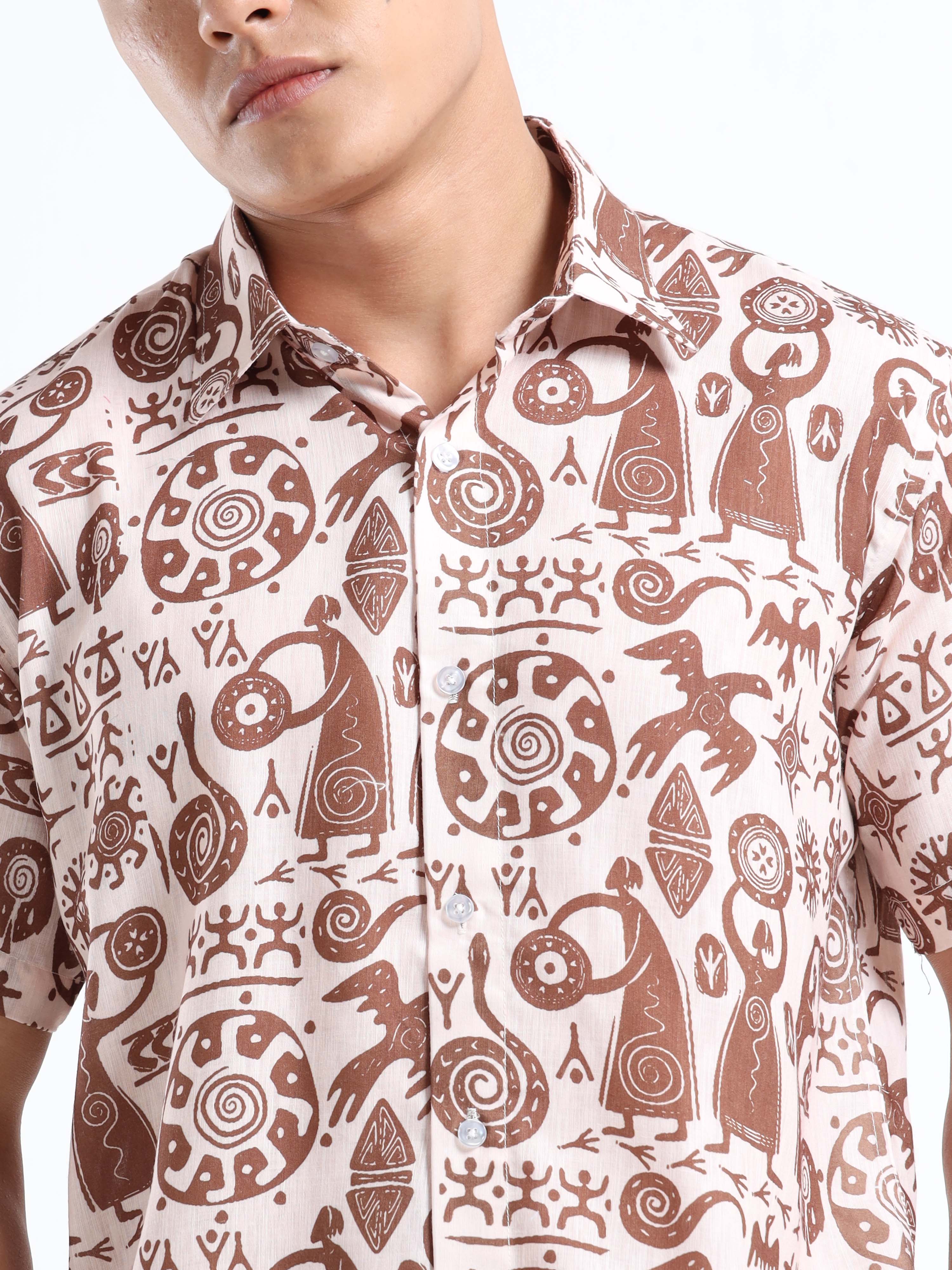 Men's Slim Fit Beige Brown Tribal Art Printed Casual Shirt
