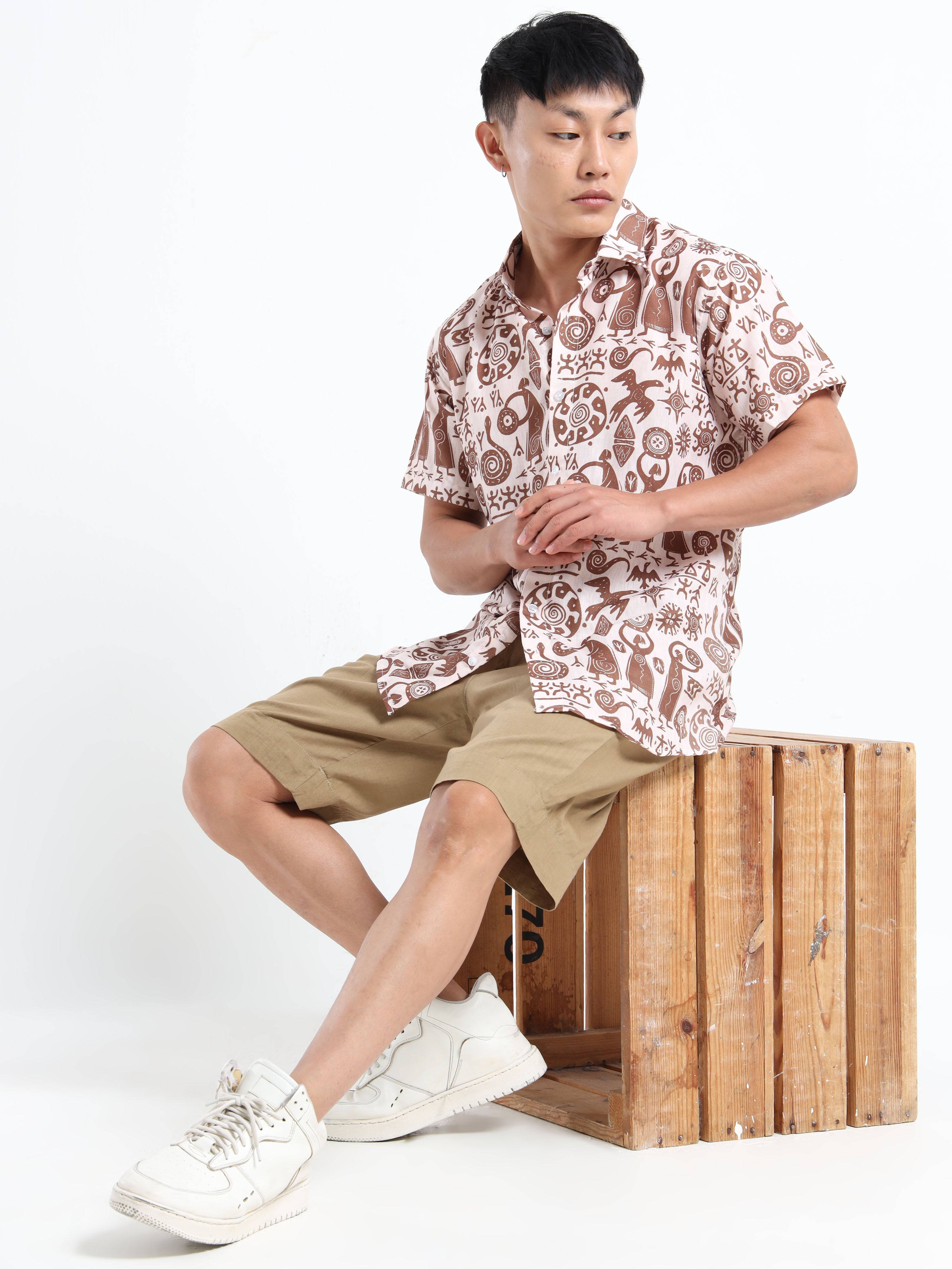 Men's Slim Fit Beige Brown Tribal Art Printed Casual Shirt