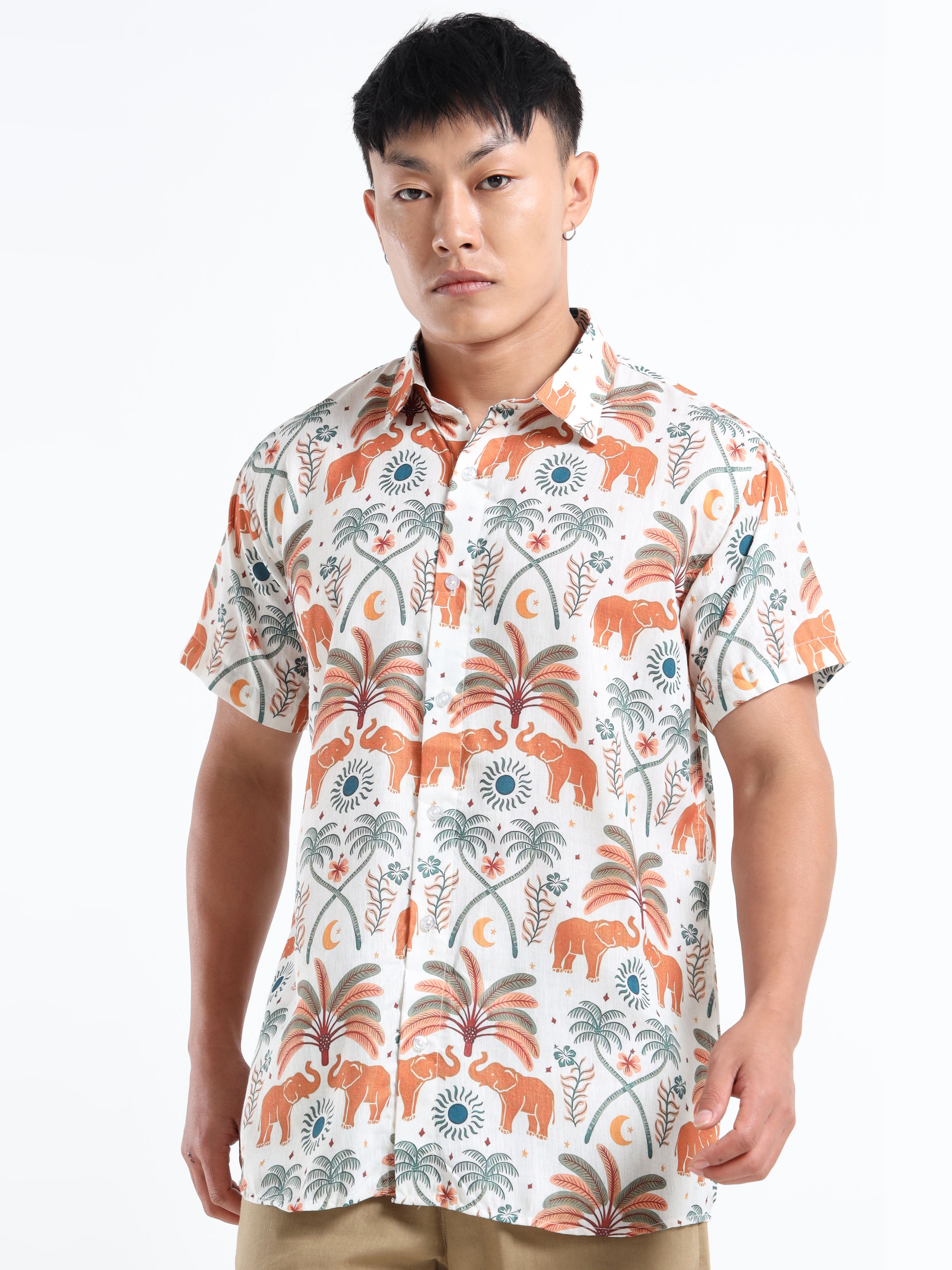 Men's Slim Fit Off-White Orange Elephant Printed Casual Shirt