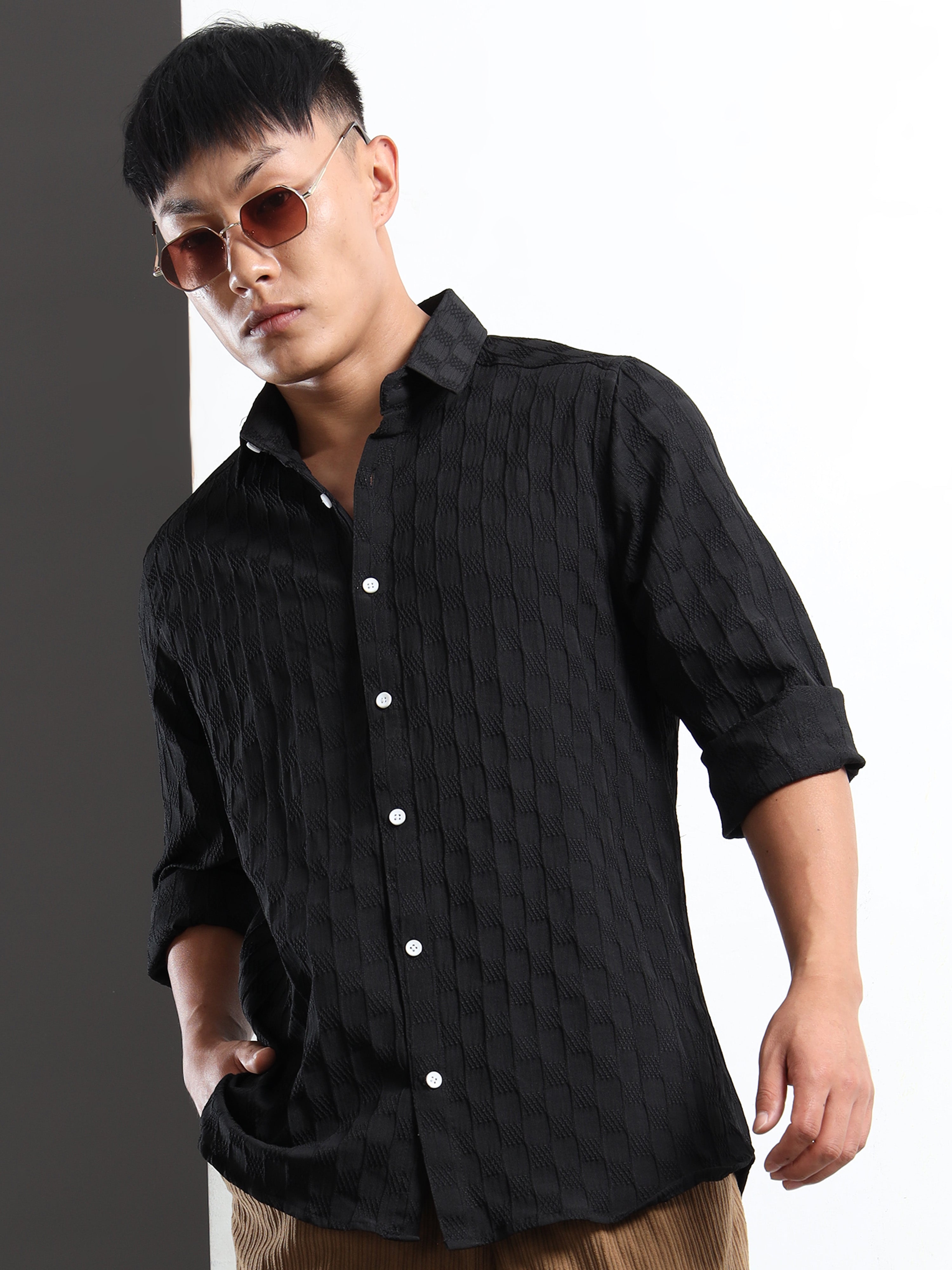 Men’s Black Textured Check Casual Shirt