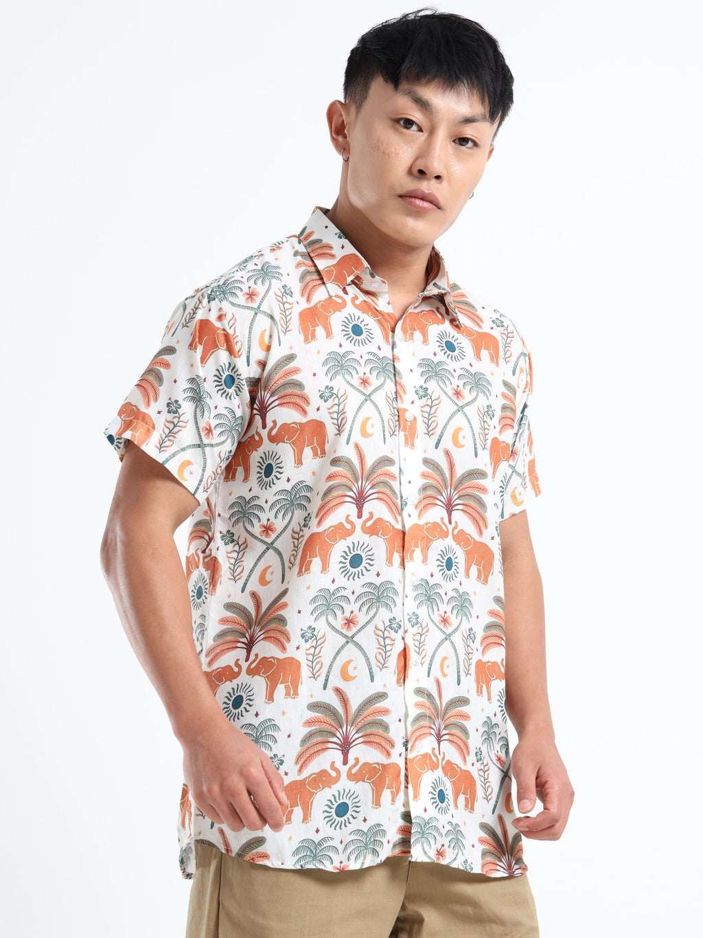 Men's Slim Fit Off-White Orange Elephant Printed Casual Shirt