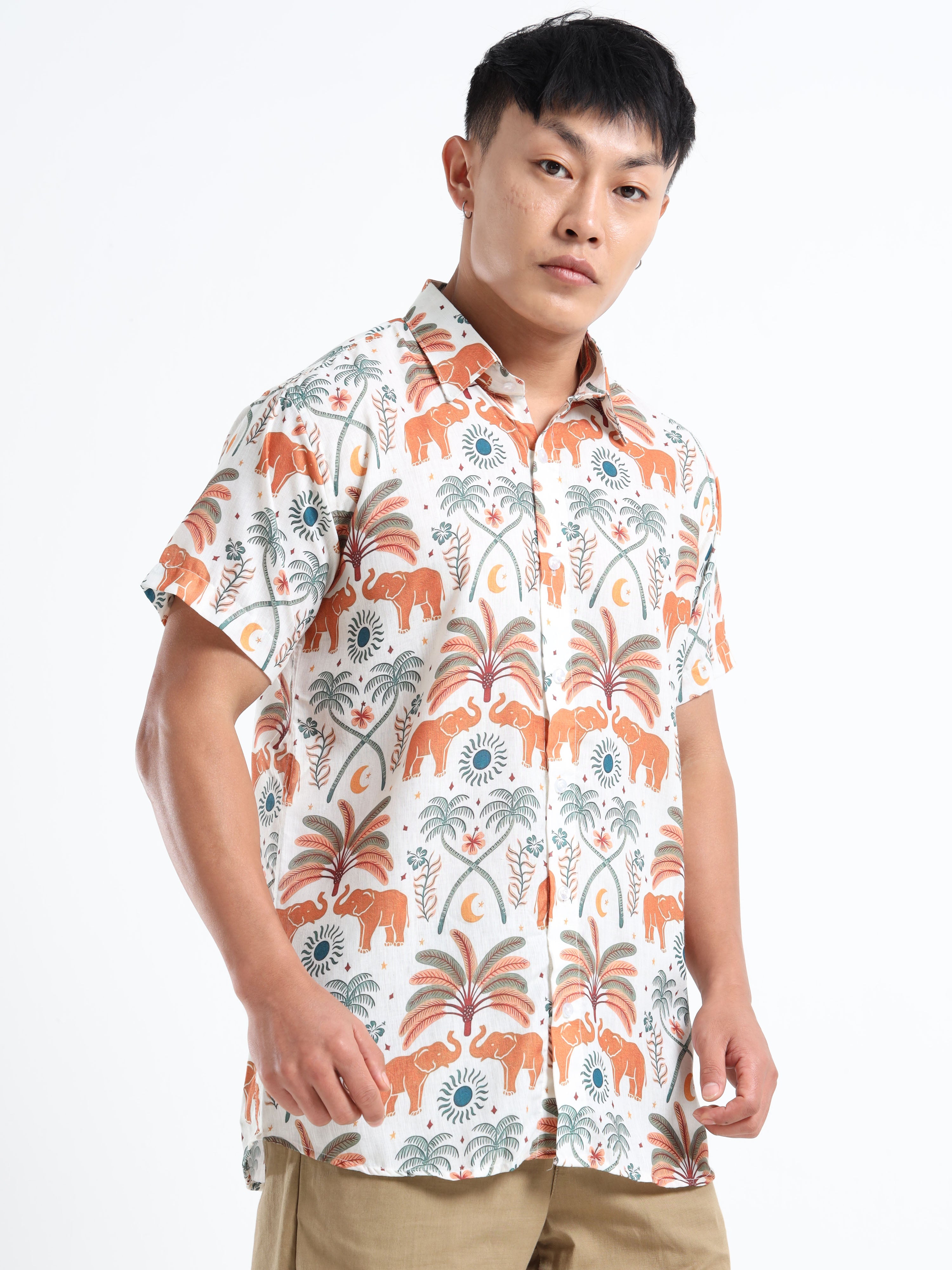 Men's Slim Fit Off-White Orange Elephant Printed Casual Shirt