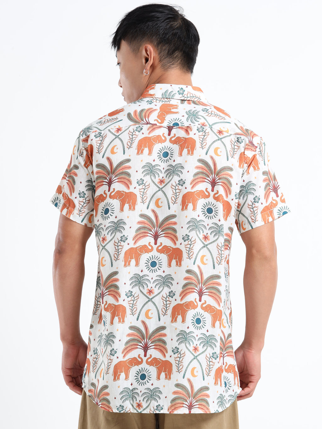 Men's Slim Fit Off-White Orange Elephant Printed Casual Shirt