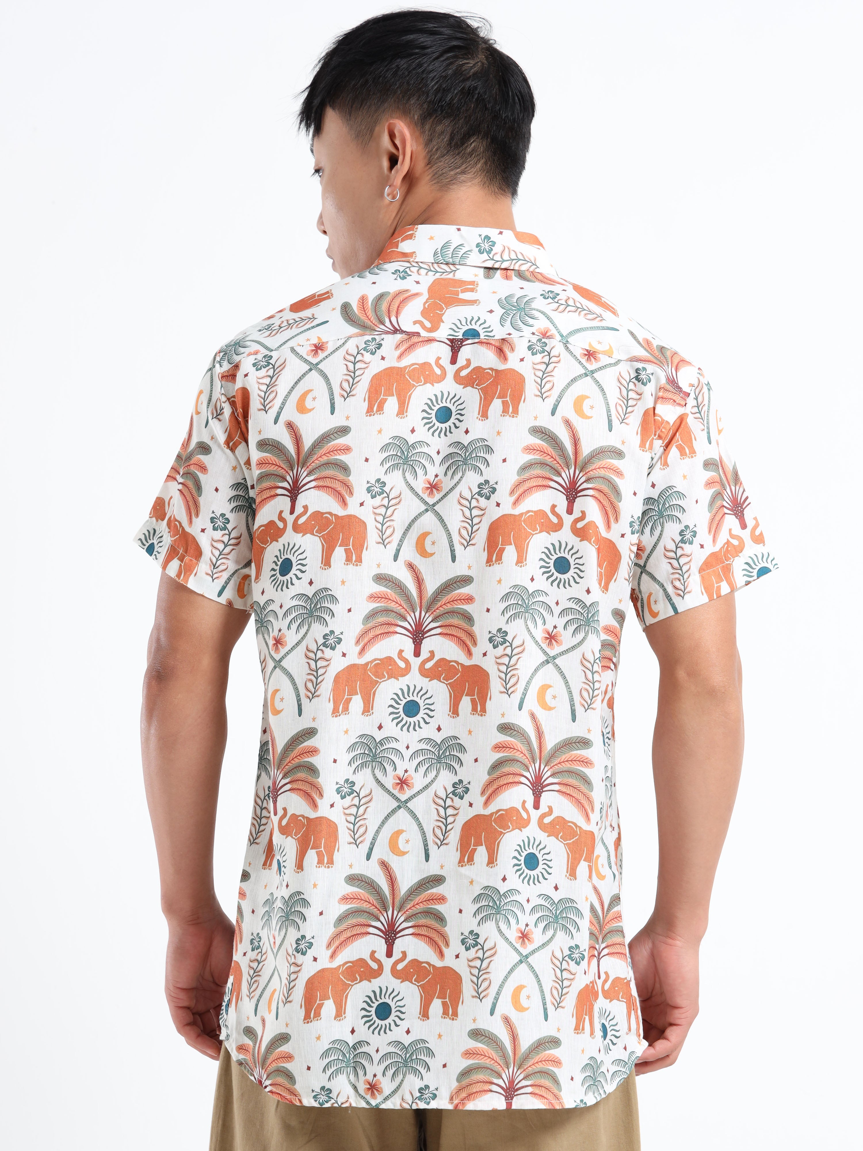 Men's Slim Fit Off-White Orange Elephant Printed Casual Shirt
