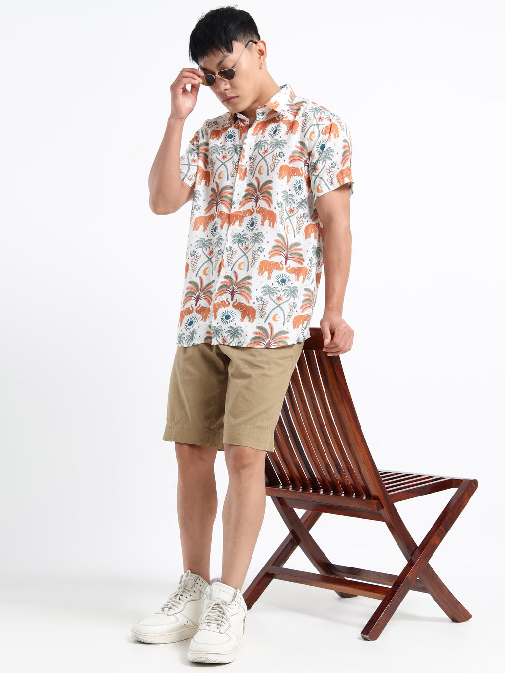 Men's Slim Fit Off-White Orange Elephant Printed Casual Shirt