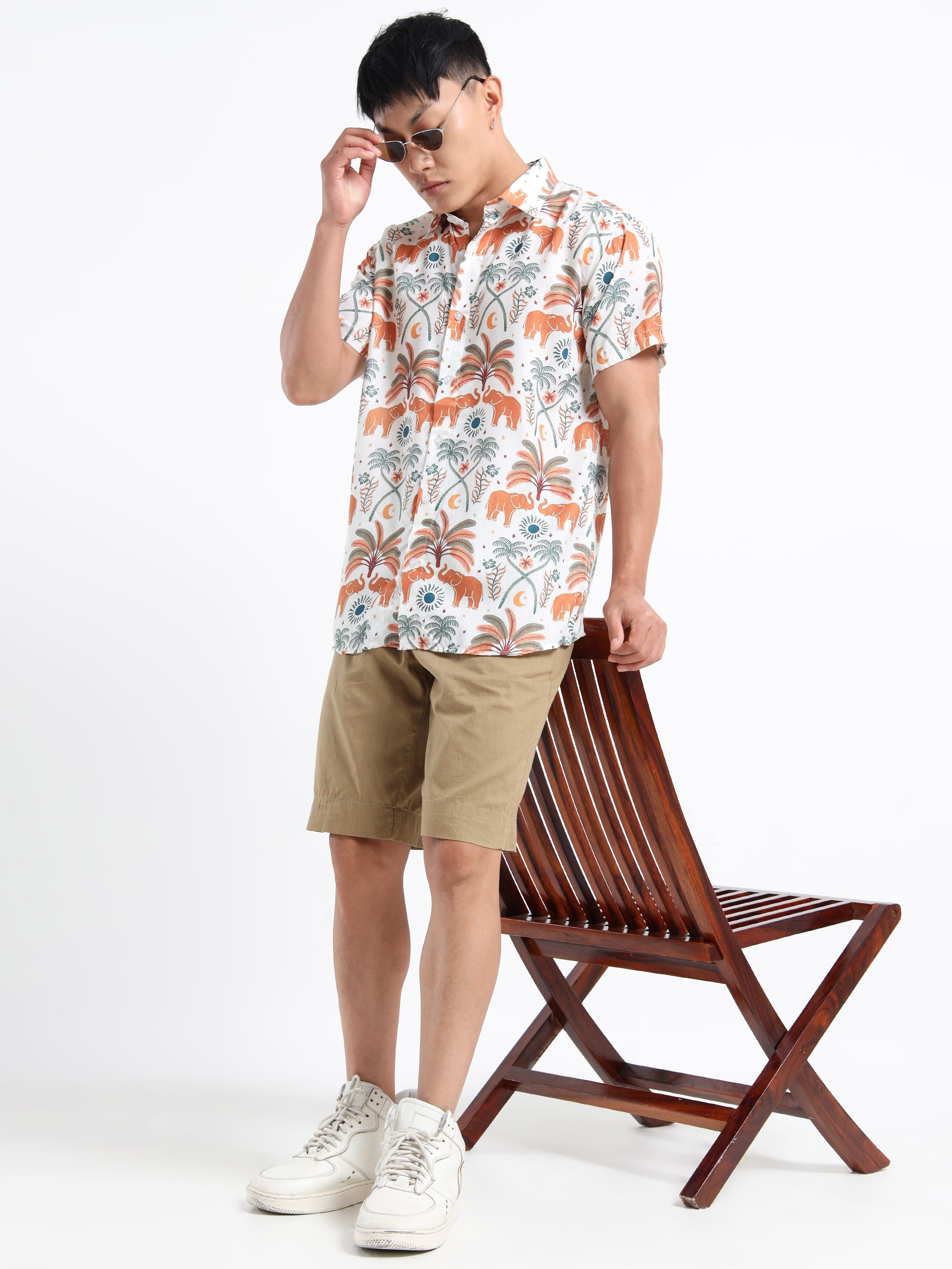 Men's Slim Fit Off-White Orange Elephant Printed Casual Shirt