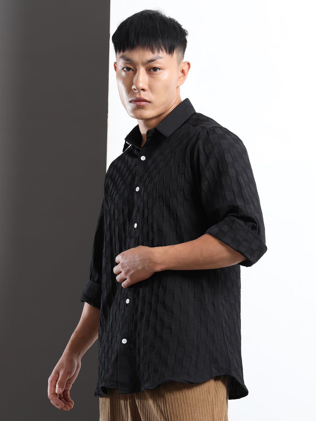 Men’s Black Textured Check Casual Shirt
