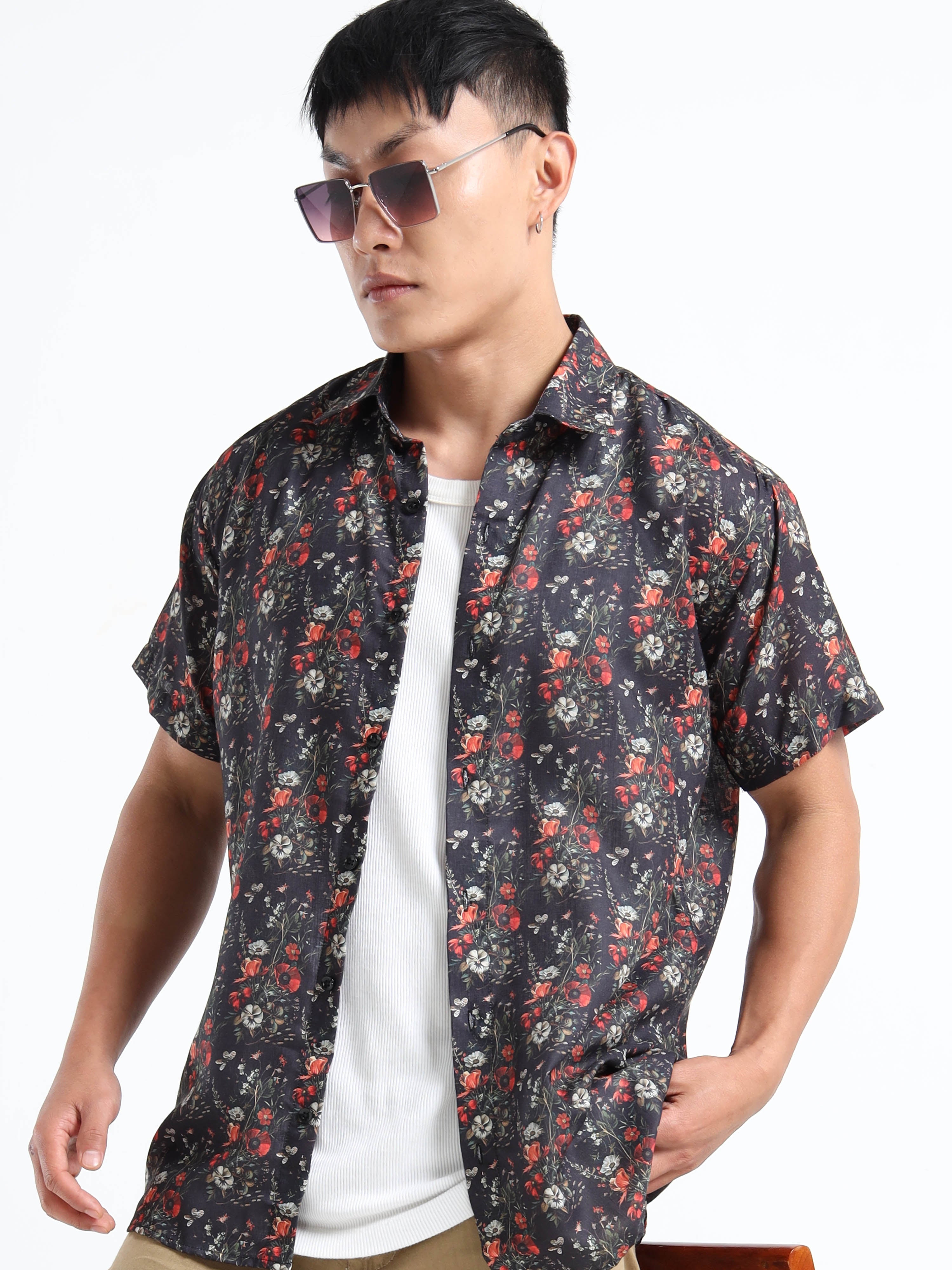 Men's Slim Fit Black Red Floral Printed Casual Shirt