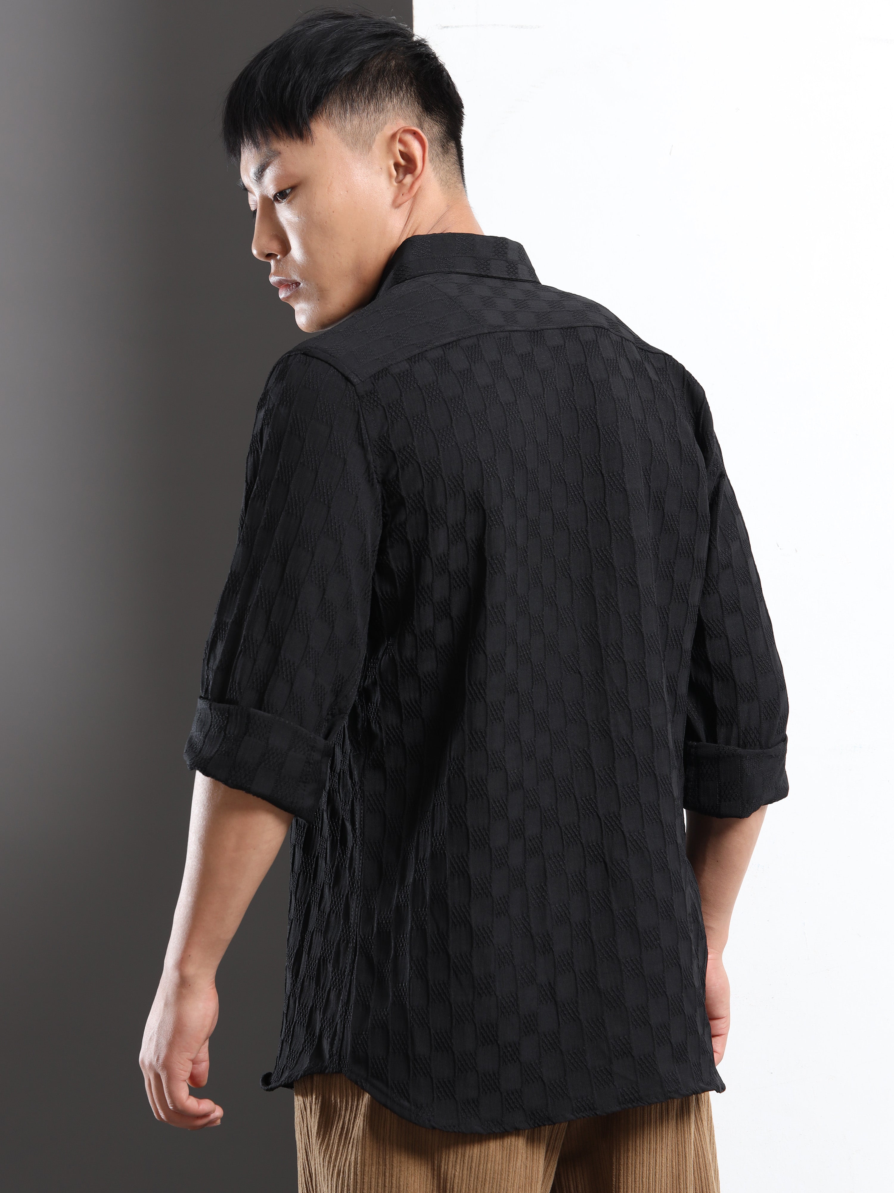 Men’s Black Textured Check Casual Shirt
