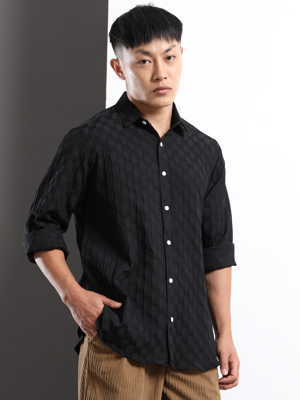 Men’s Black Textured Check Casual Shirt