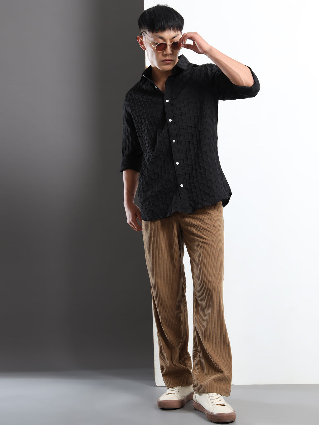 Men’s Black Textured Check Casual Shirt