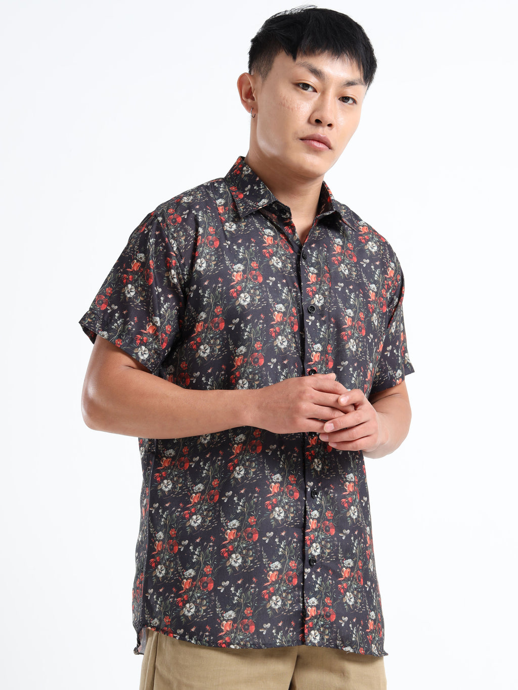 Men's Slim Fit Black Red Floral Printed Casual Shirt
