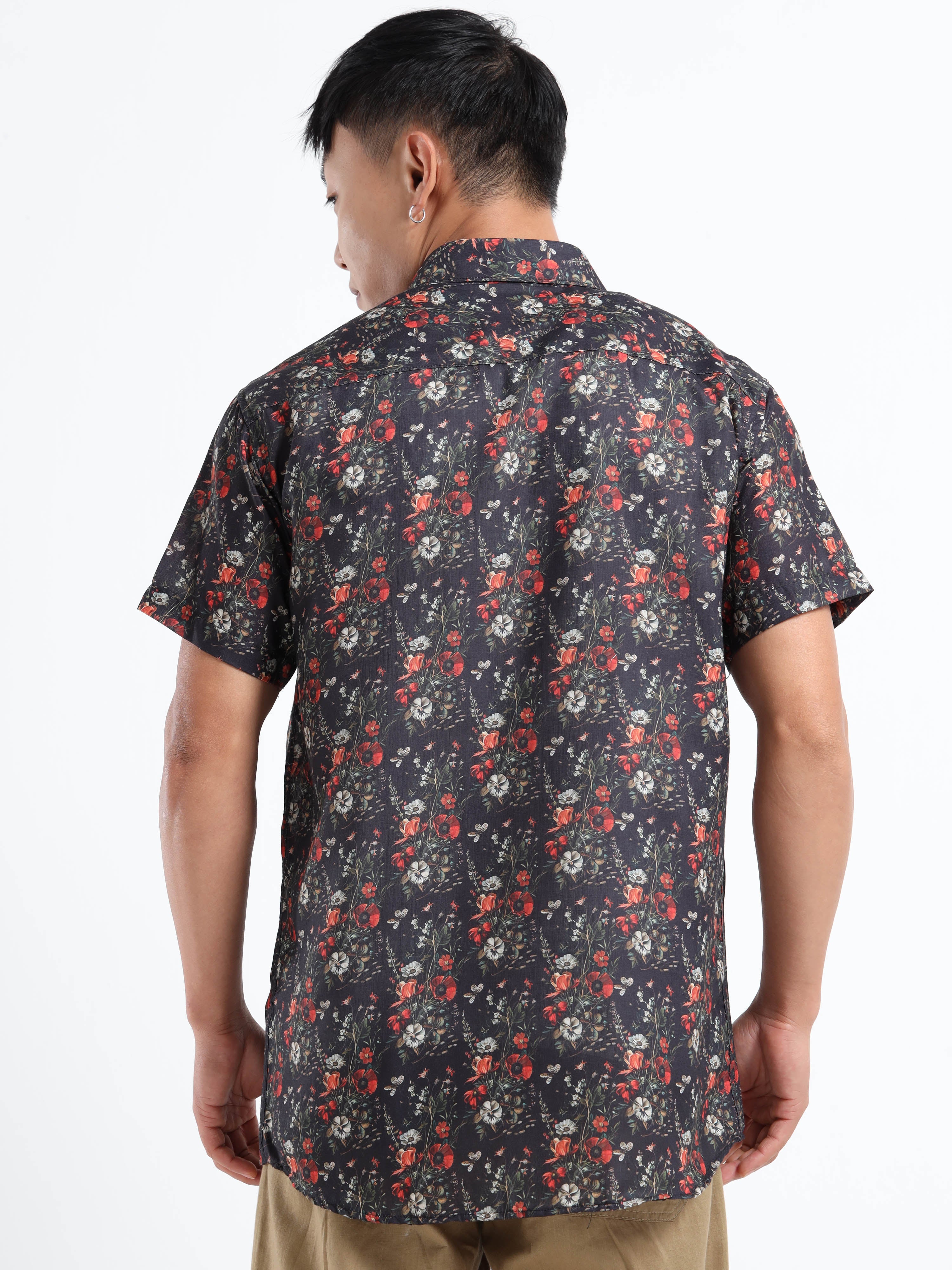 Men's Slim Fit Black Red Floral Printed Casual Shirt