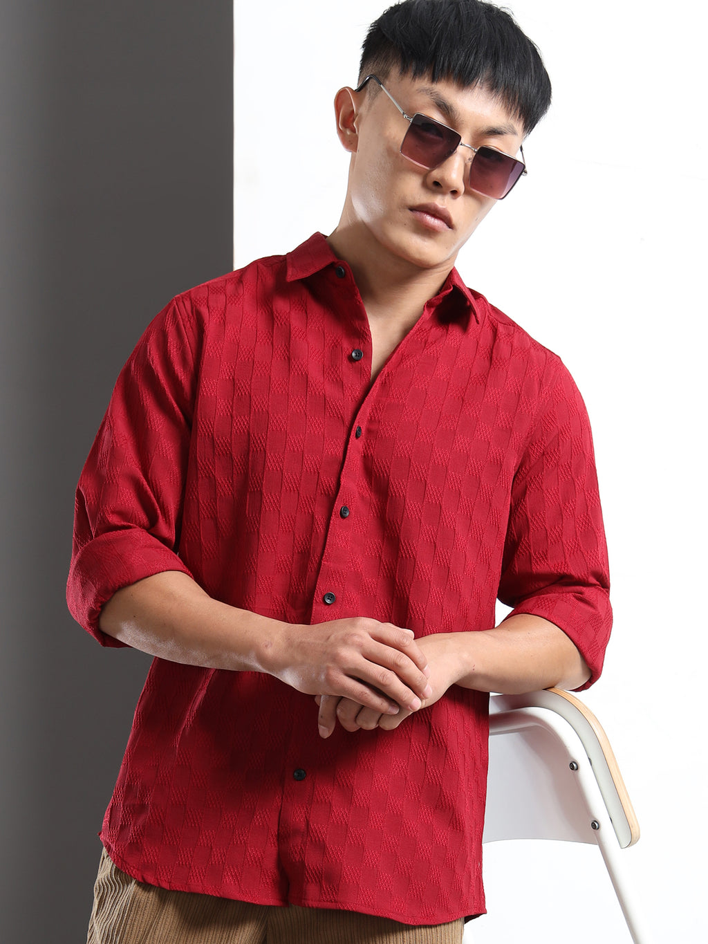 Men’s Burgundy Textured Check Casual Shirt