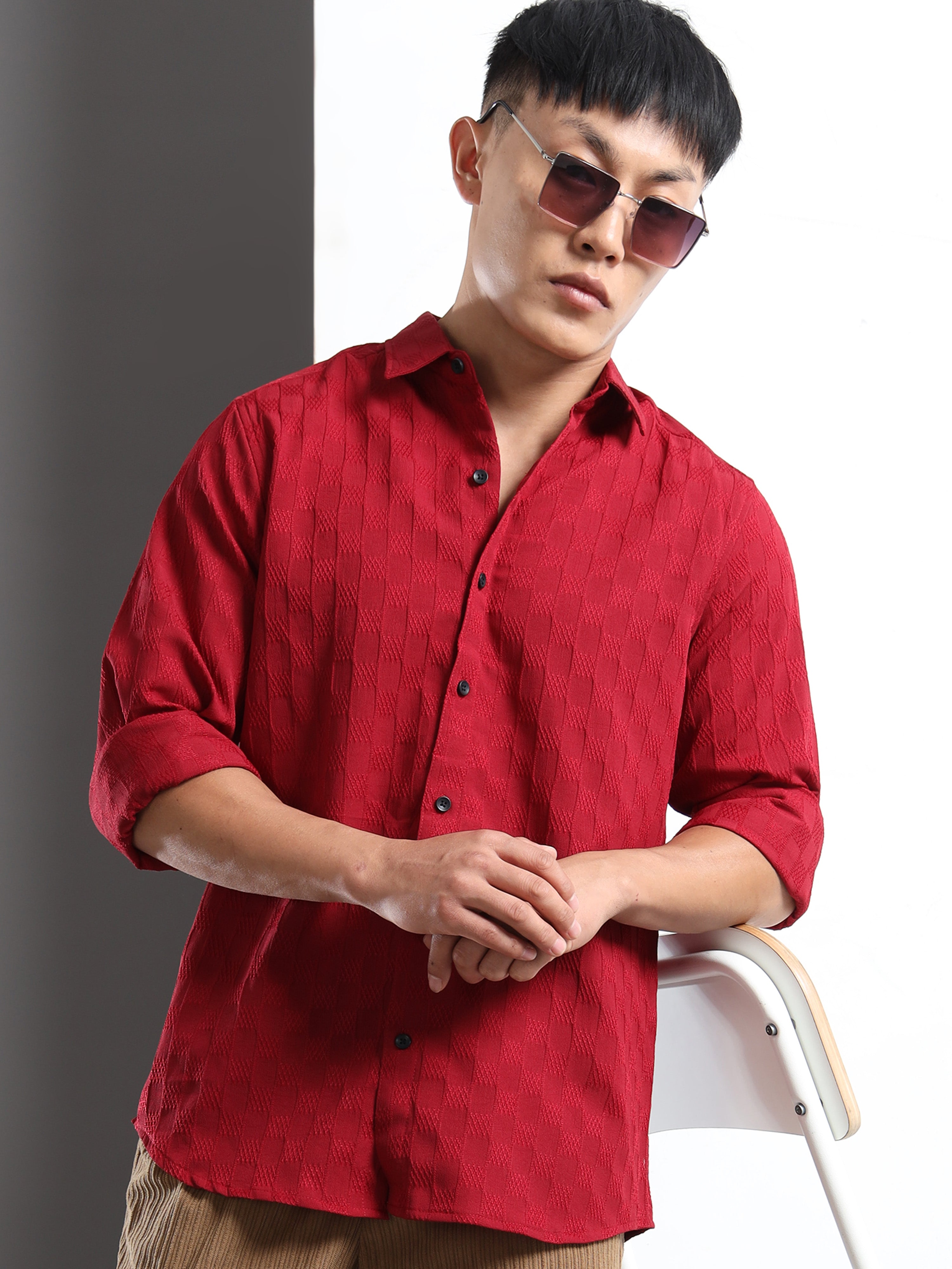 Men’s Burgundy Textured Check Casual Shirt