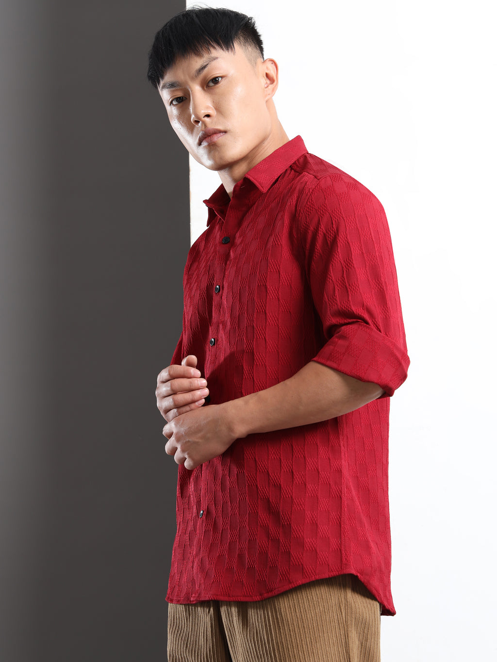 Men’s Burgundy Textured Check Casual Shirt