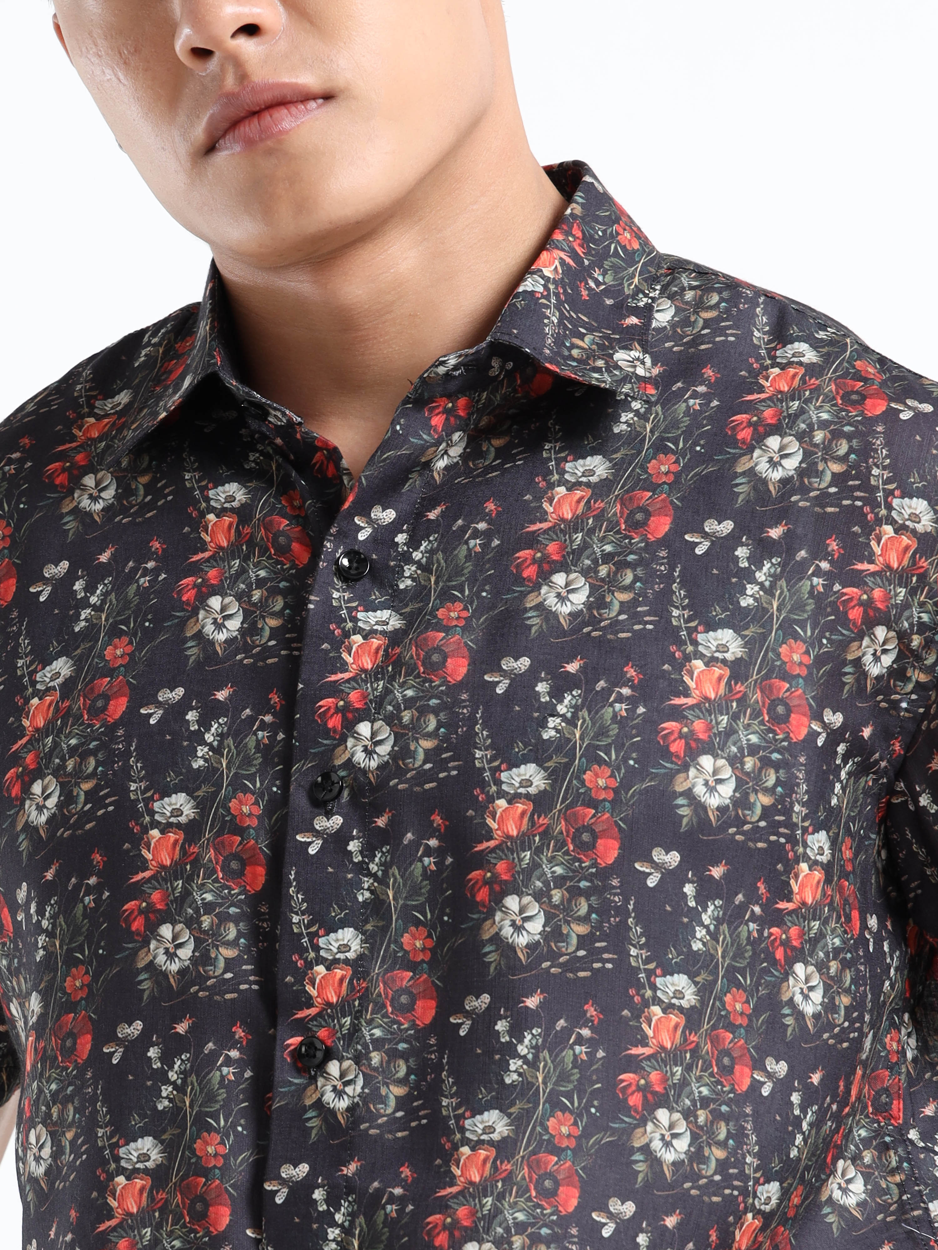 Men's Slim Fit Black Red Floral Printed Casual Shirt
