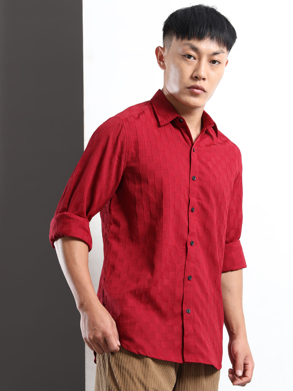 Men’s Burgundy Textured Check Casual Shirt