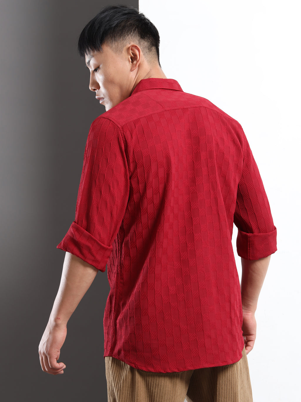 Men’s Burgundy Textured Check Casual Shirt
