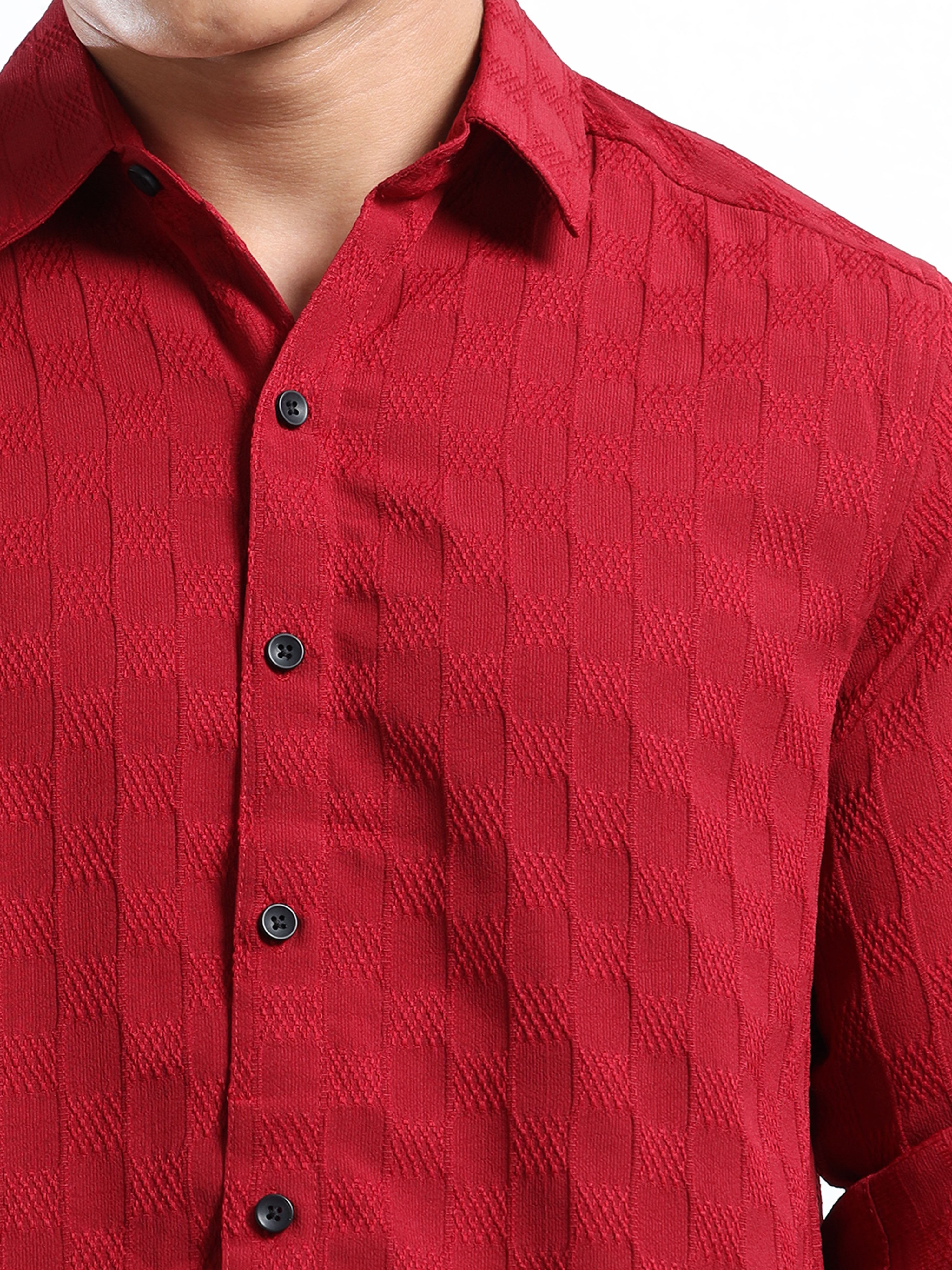 Men’s Burgundy Textured Check Casual Shirt