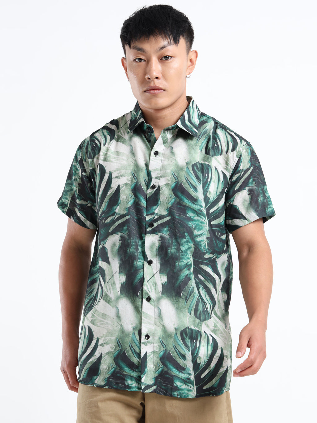 Men's Slim Fit Green Tropical Leaf Printed Casual Shirt