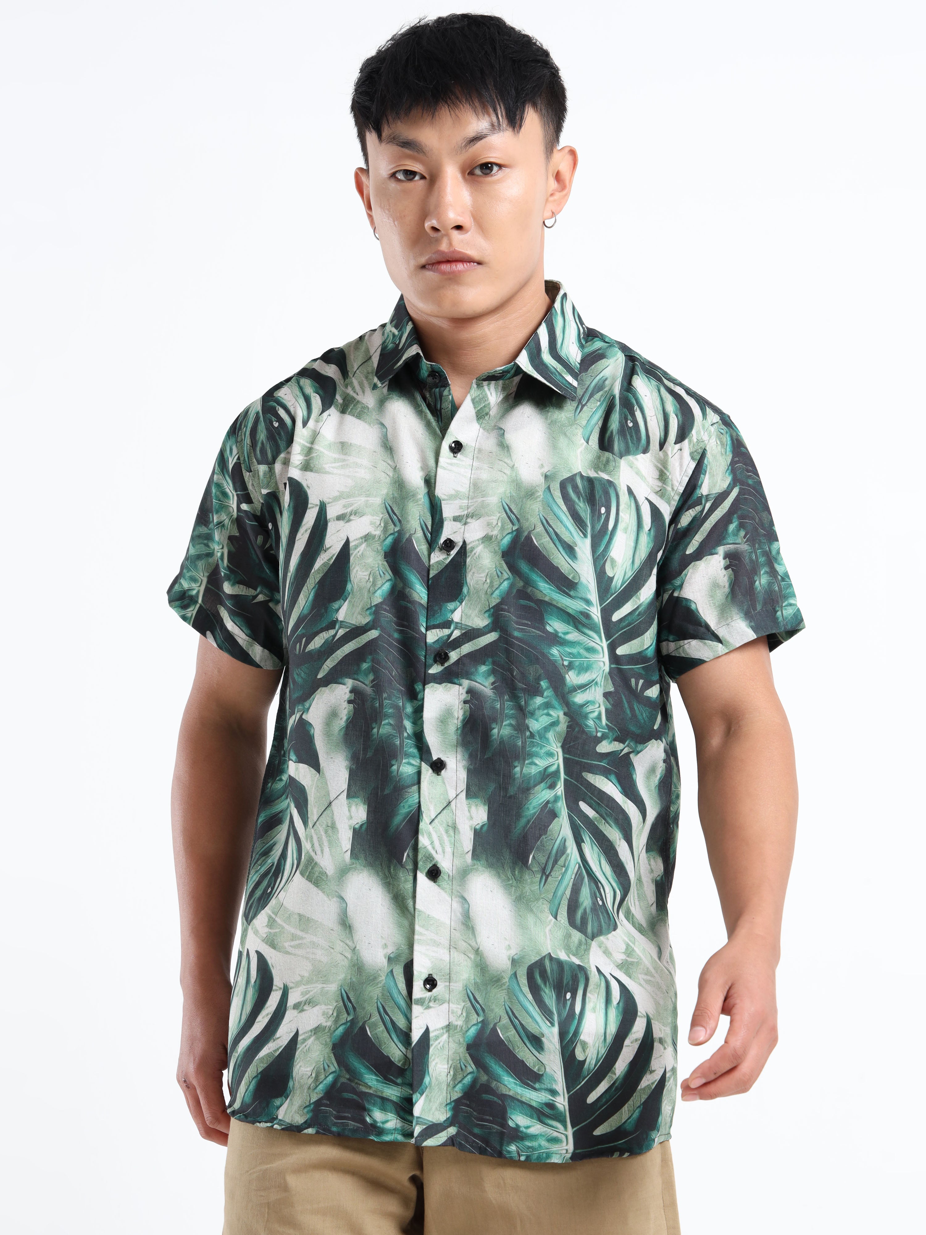 Men's Slim Fit Green Tropical Leaf Printed Casual Shirt