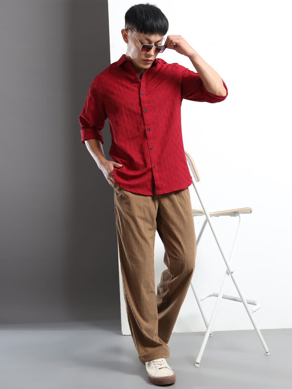 Men’s Burgundy Textured Check Casual Shirt