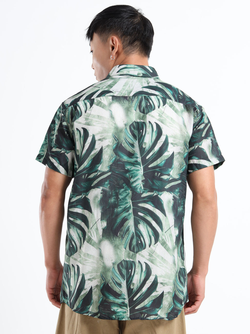 Men's Slim Fit Green Tropical Leaf Printed Casual Shirt