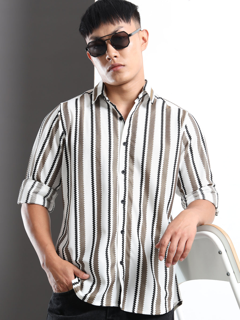 Men’s Khaki-White Striped Textured Shirt