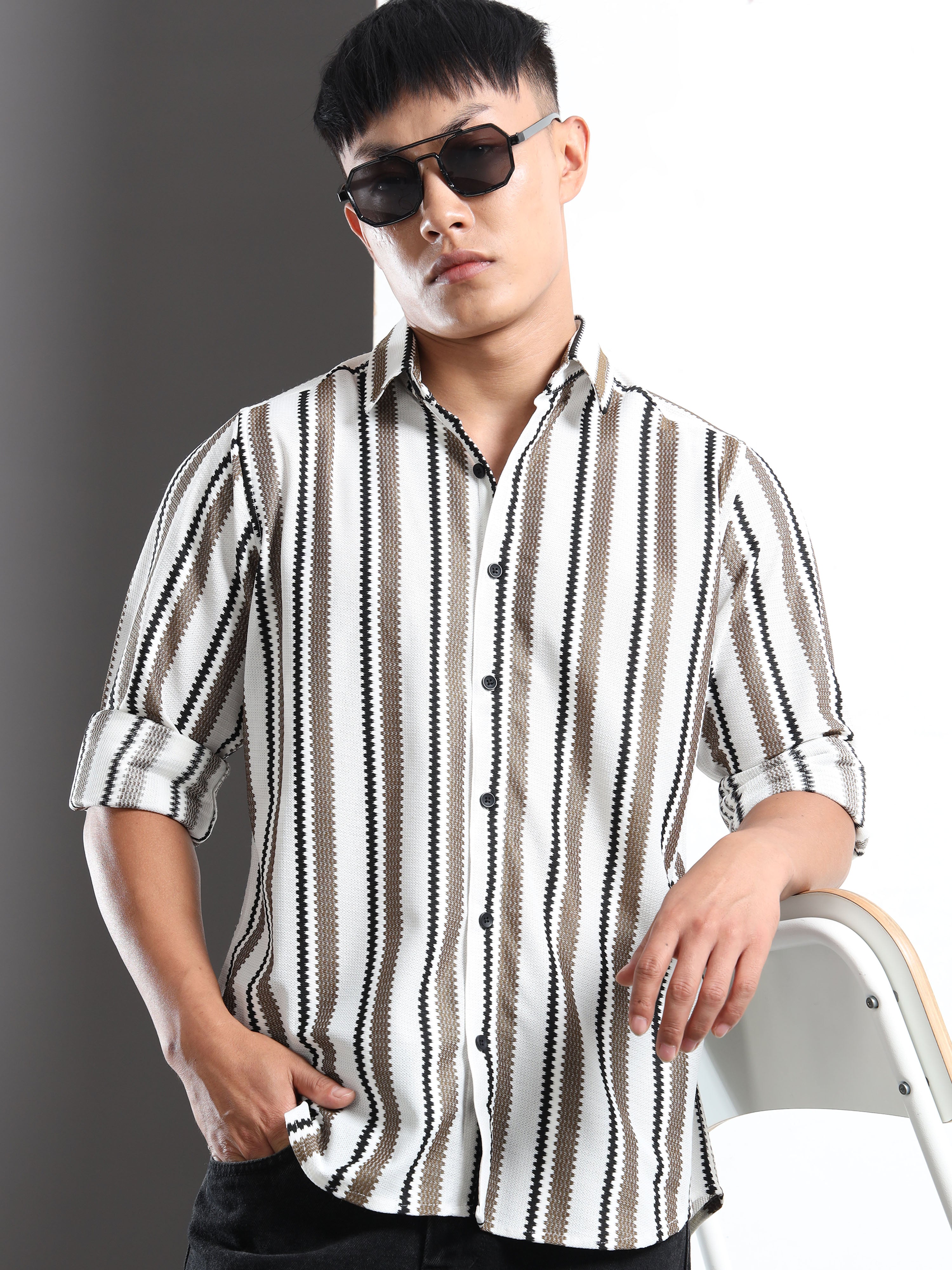 Men’s Khaki-White Striped Textured Shirt