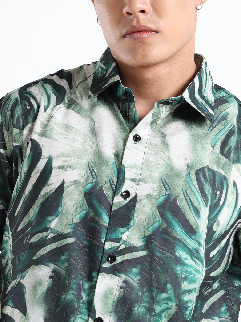 Men's Slim Fit Green Tropical Leaf Printed Casual Shirt
