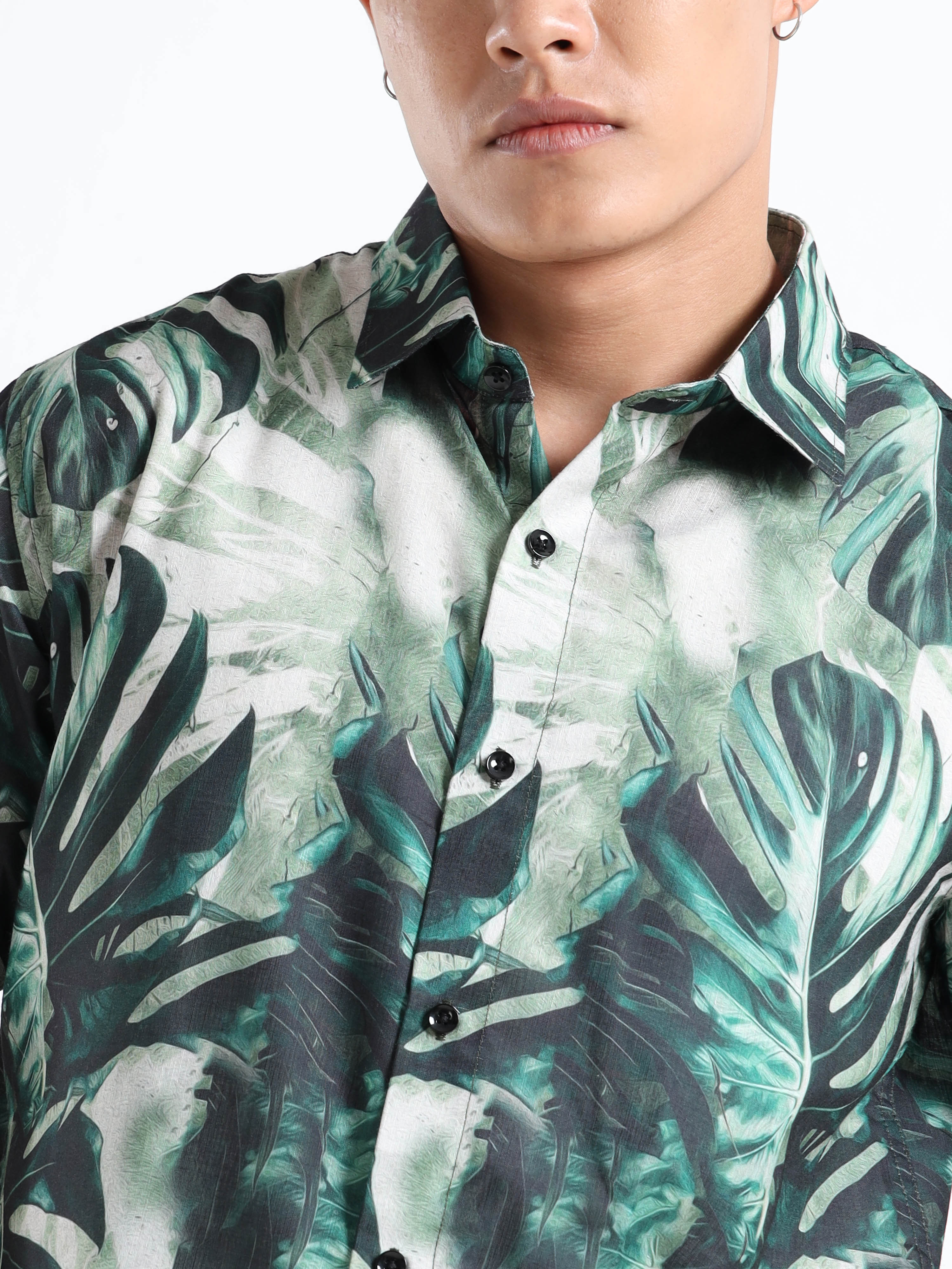 Men's Slim Fit Green Tropical Leaf Printed Casual Shirt
