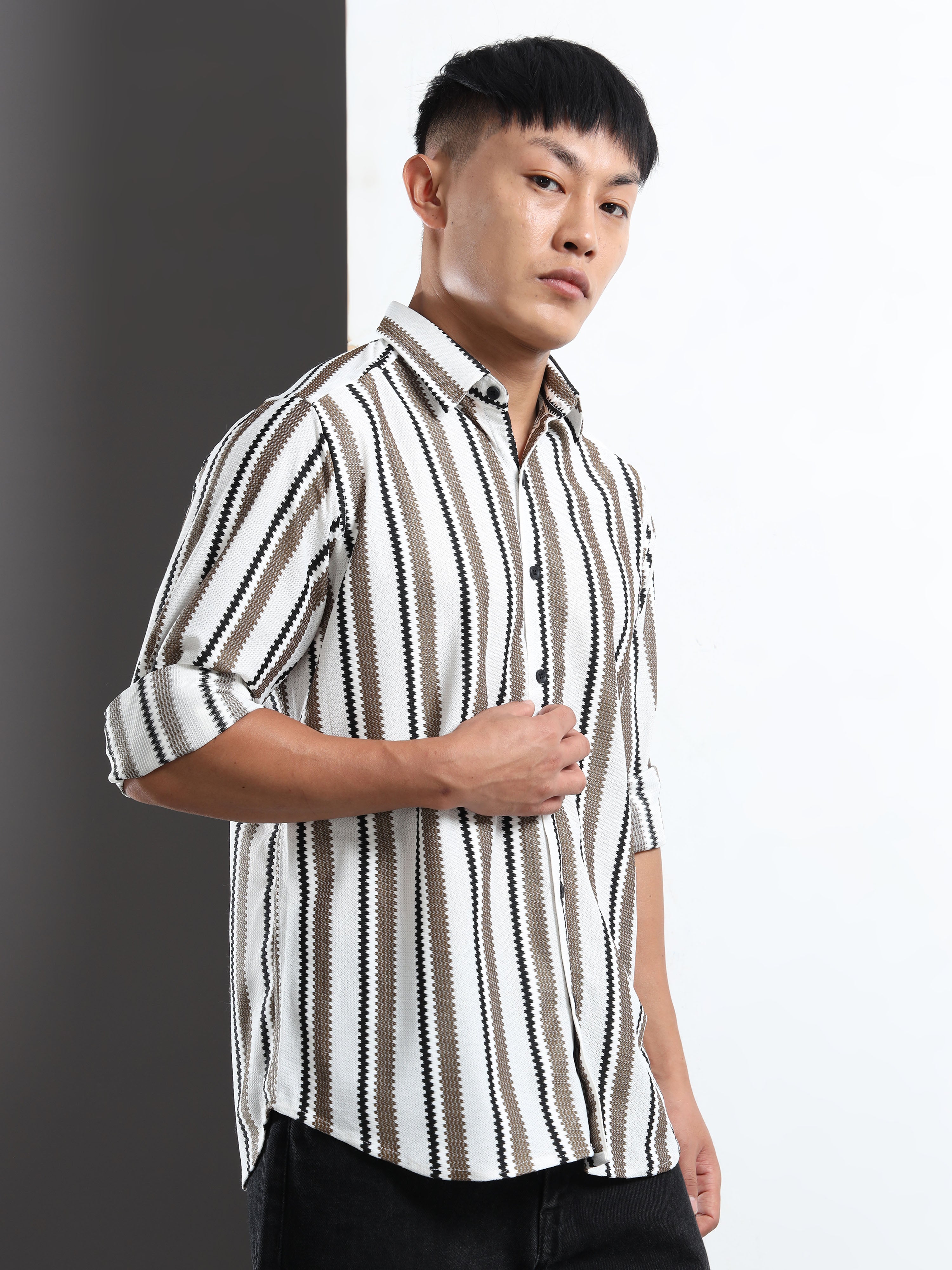 Men’s Khaki-White Striped Textured Shirt