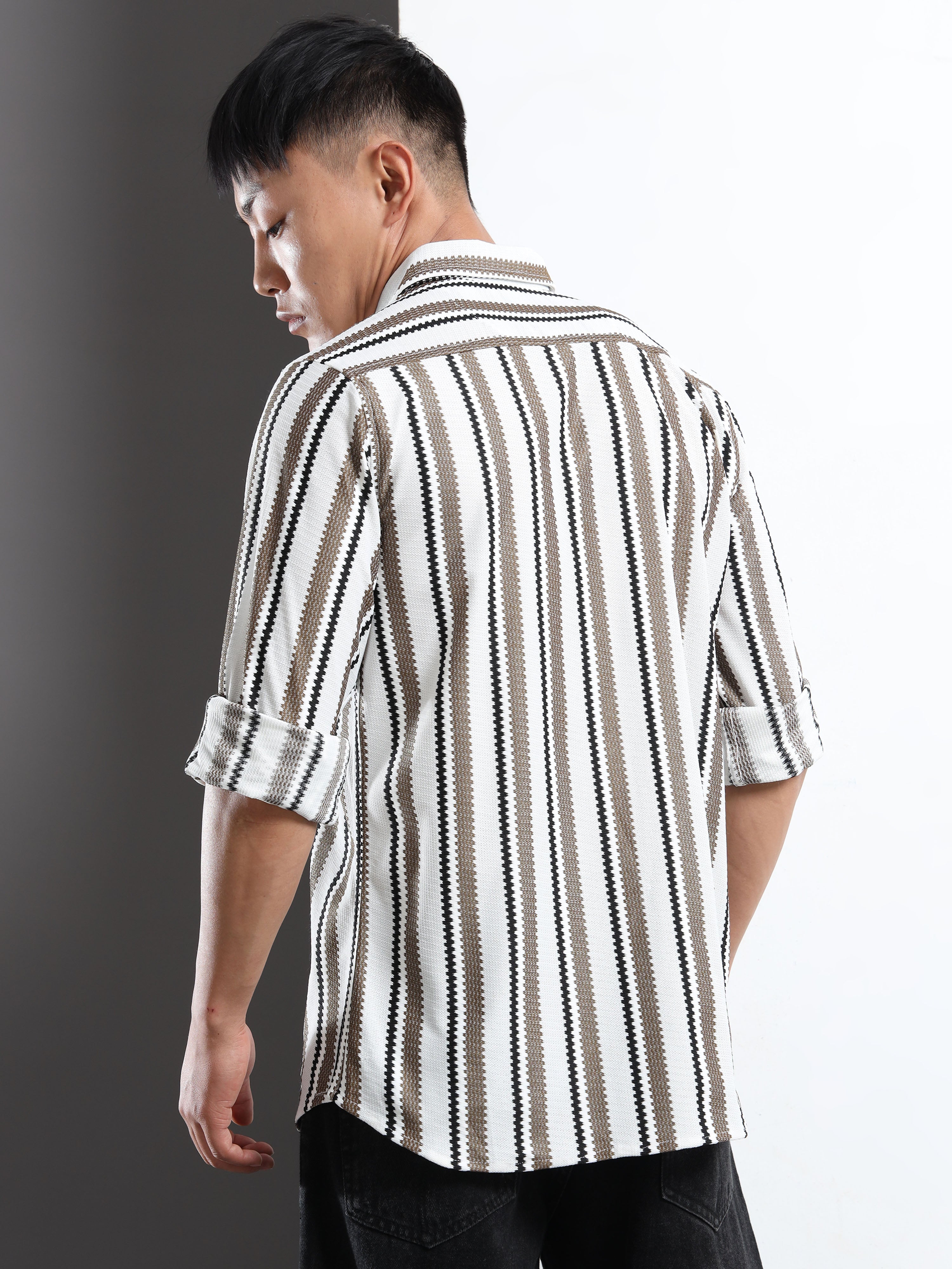 Men’s Khaki-White Striped Textured Shirt