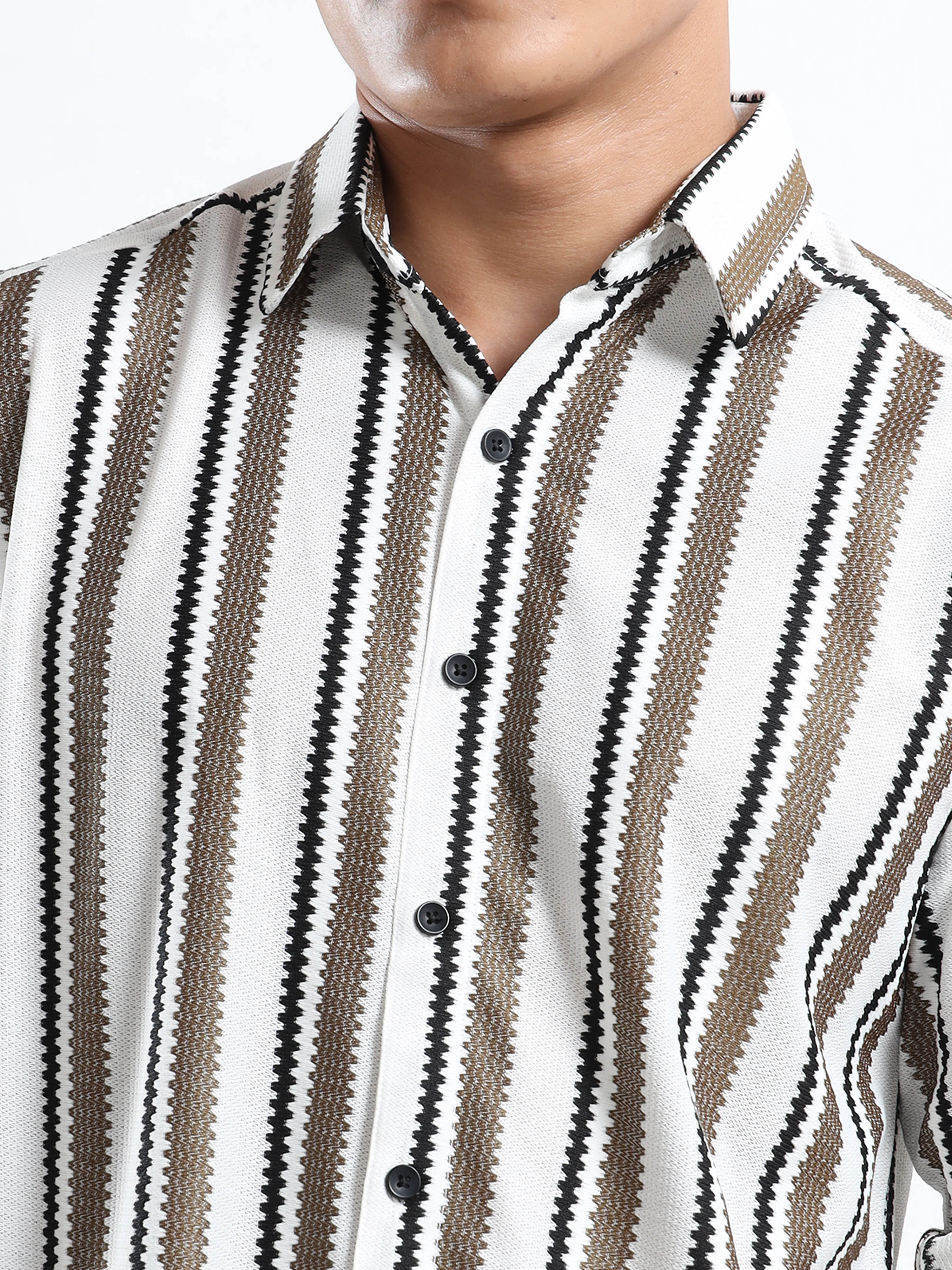 Men’s Khaki-White Striped Textured Shirt