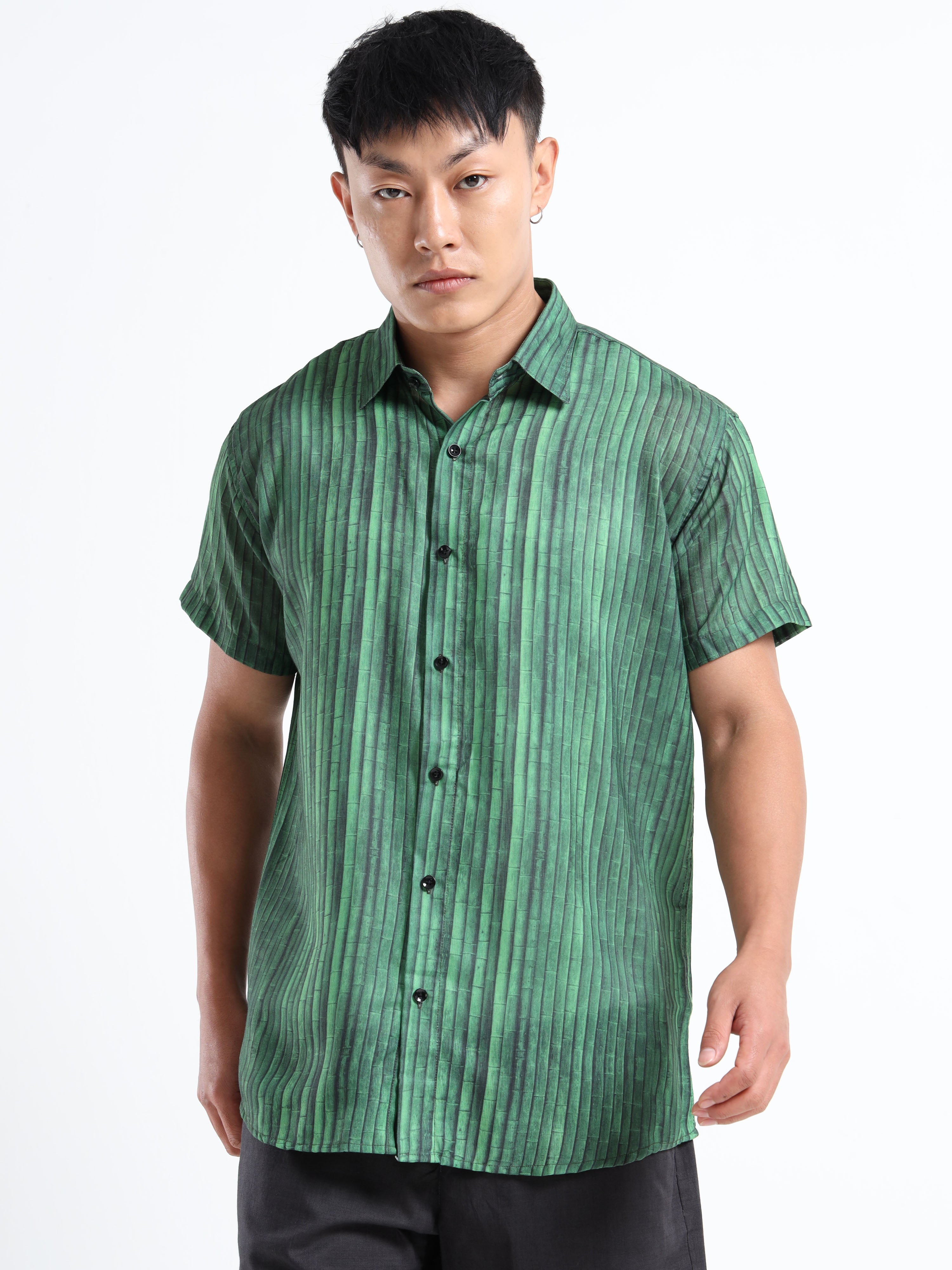 Men's Slim Fit Green Vertical Stripe Printed Casual Shirt