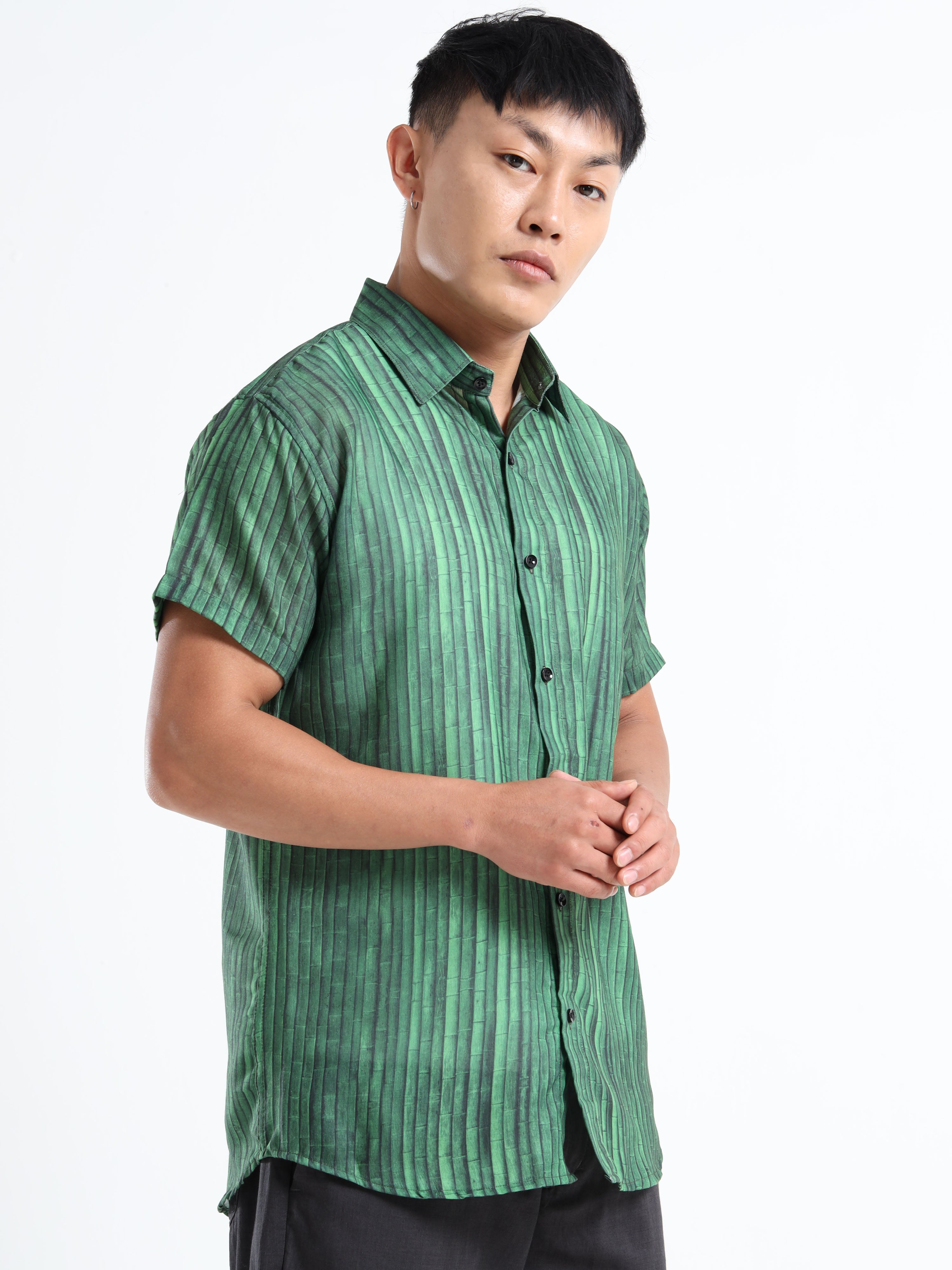Men's Slim Fit Green Vertical Stripe Printed Casual Shirt