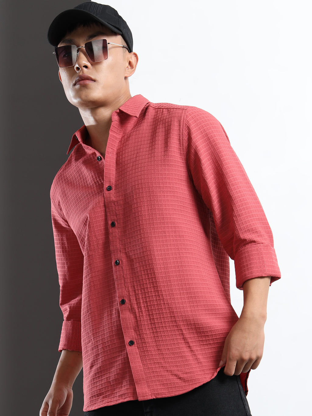 Men’s Pink Textured Grid Casual Shirt