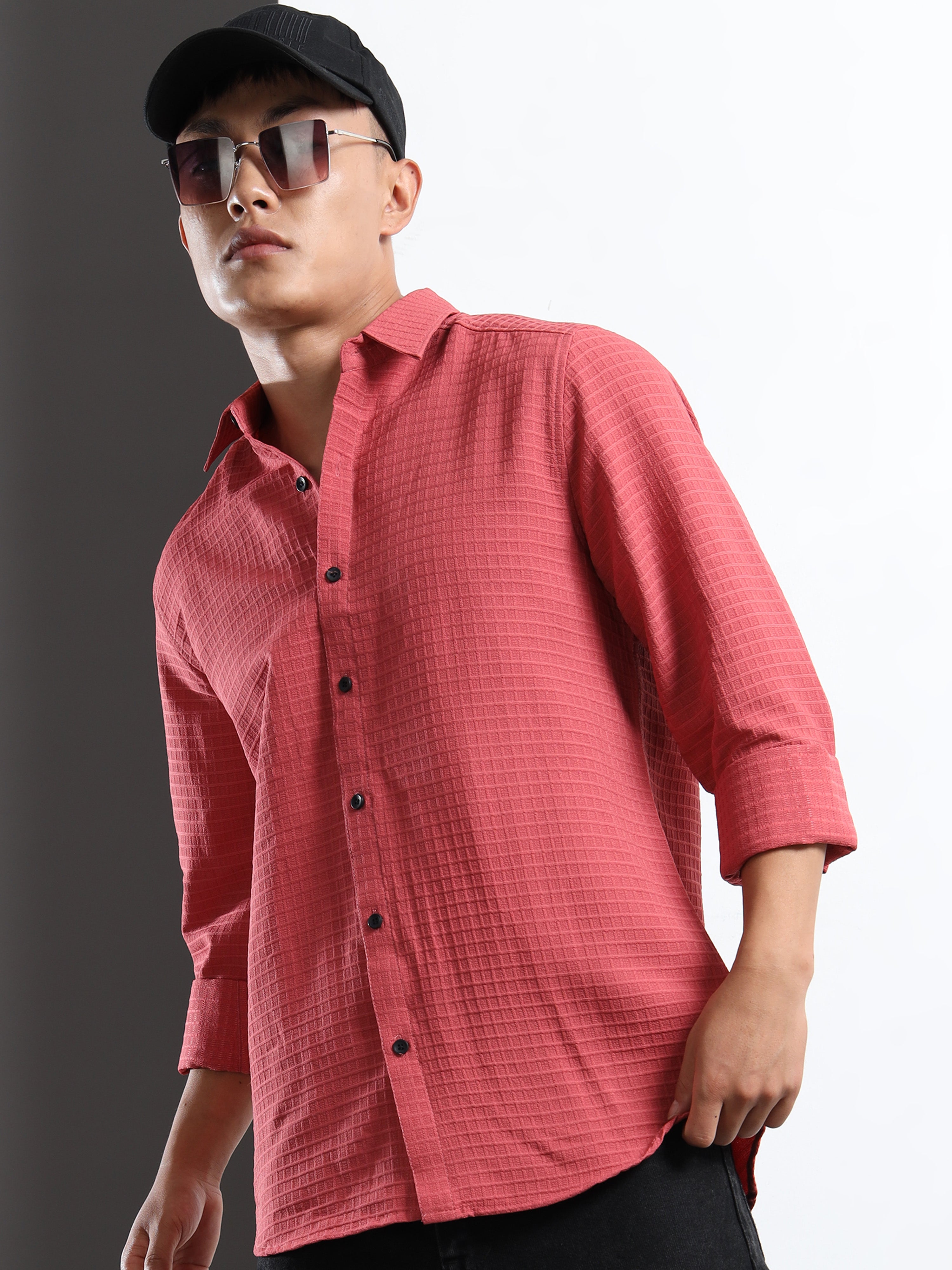 Men’s Pink Textured Grid Casual Shirt