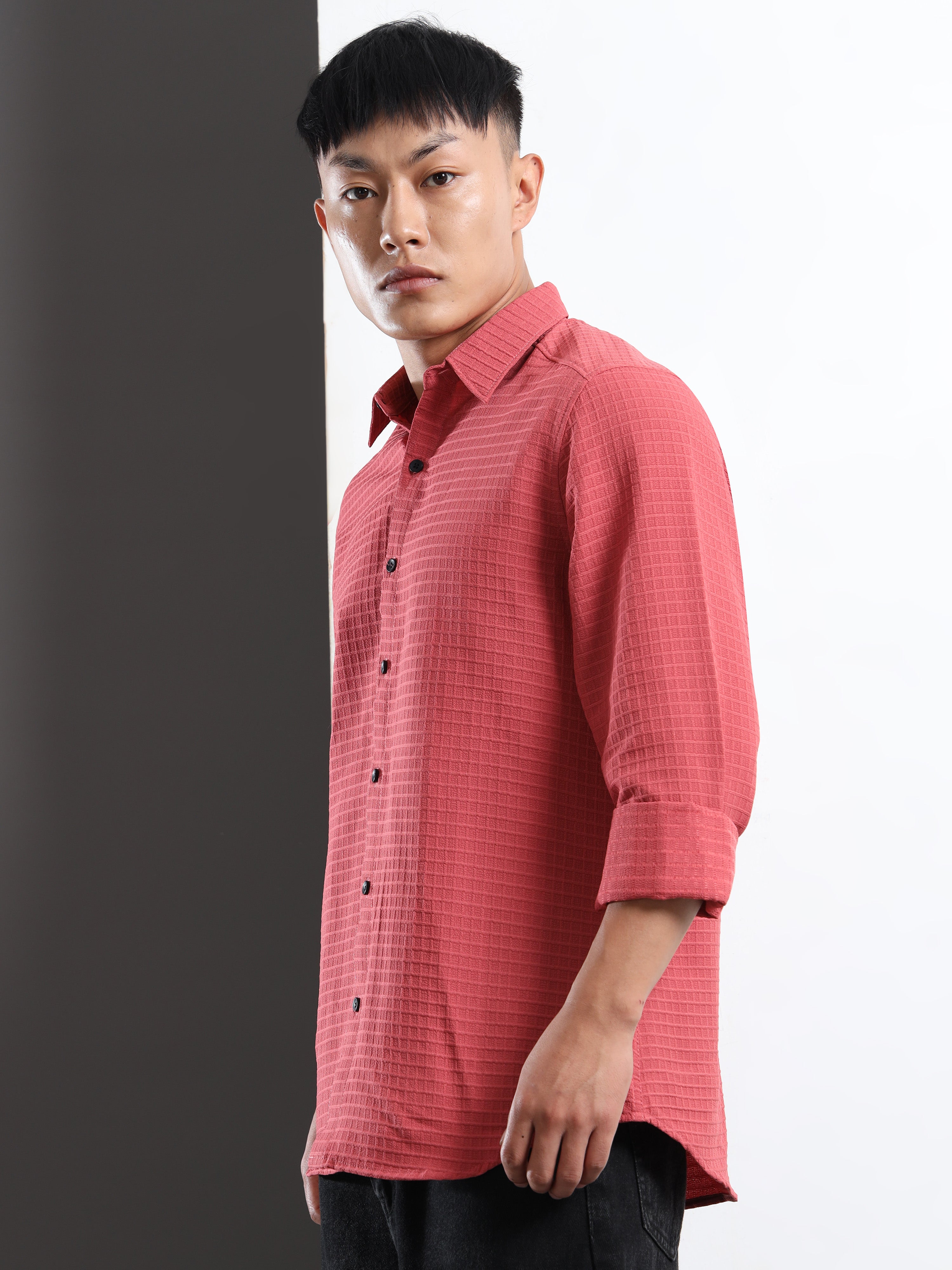 Men’s Pink Textured Grid Casual Shirt